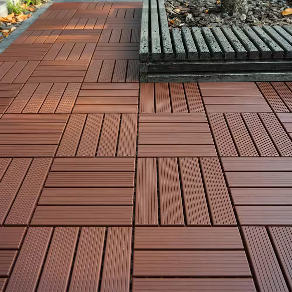 Dark Brown 1 Ft. X 1 Ft. All-Weather Plastic Outdoor Interlocking Deck Tiles Str