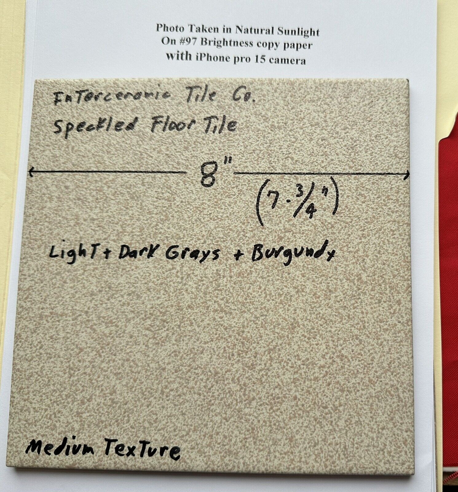 1 pc. Speckled: 7-3/4″ Ceramic Floor Tile: Light + Dark Grays with Burgundy, NEW