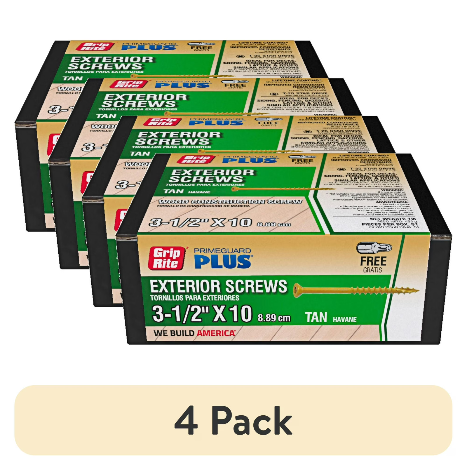 (4 pack) PrimeGuard Plus #10 x 3-1/2 in. Tan Wood to Wood Deck Screw 1lb