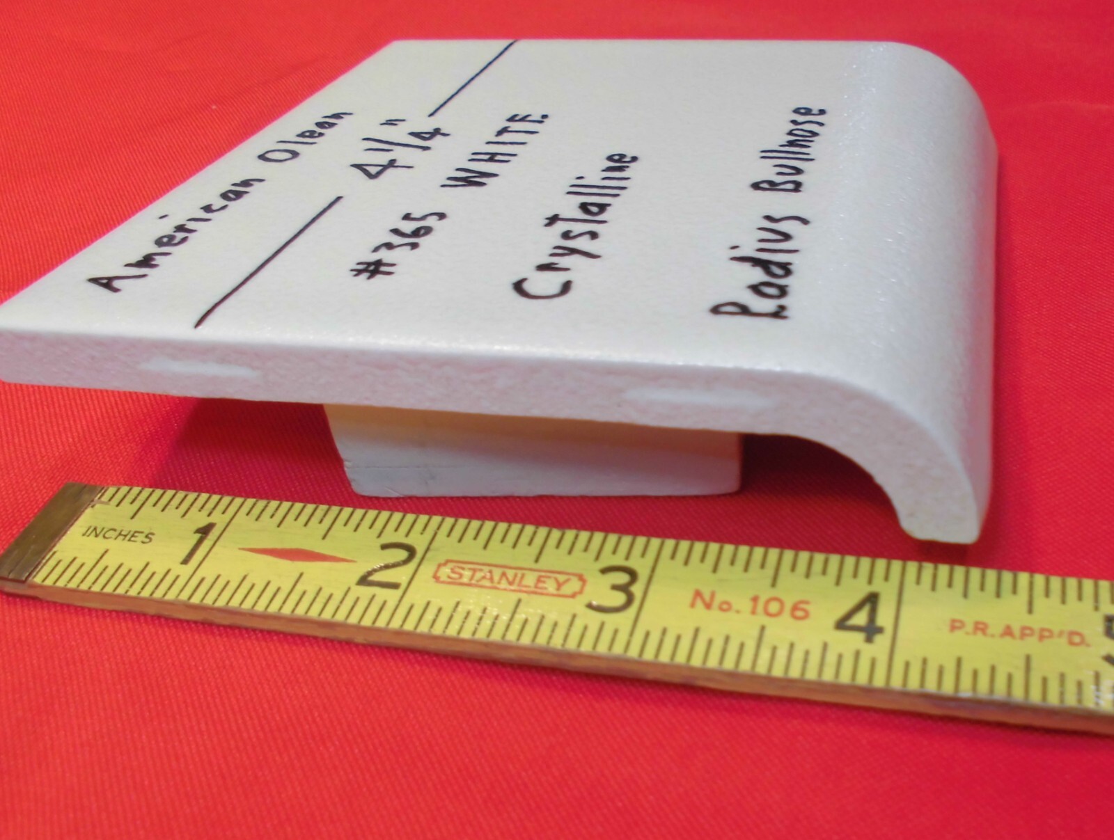 1 pc. WHITE: Crystalline Ceramic Radius Bullnose Tile 4-1/4” American Olean Co.
