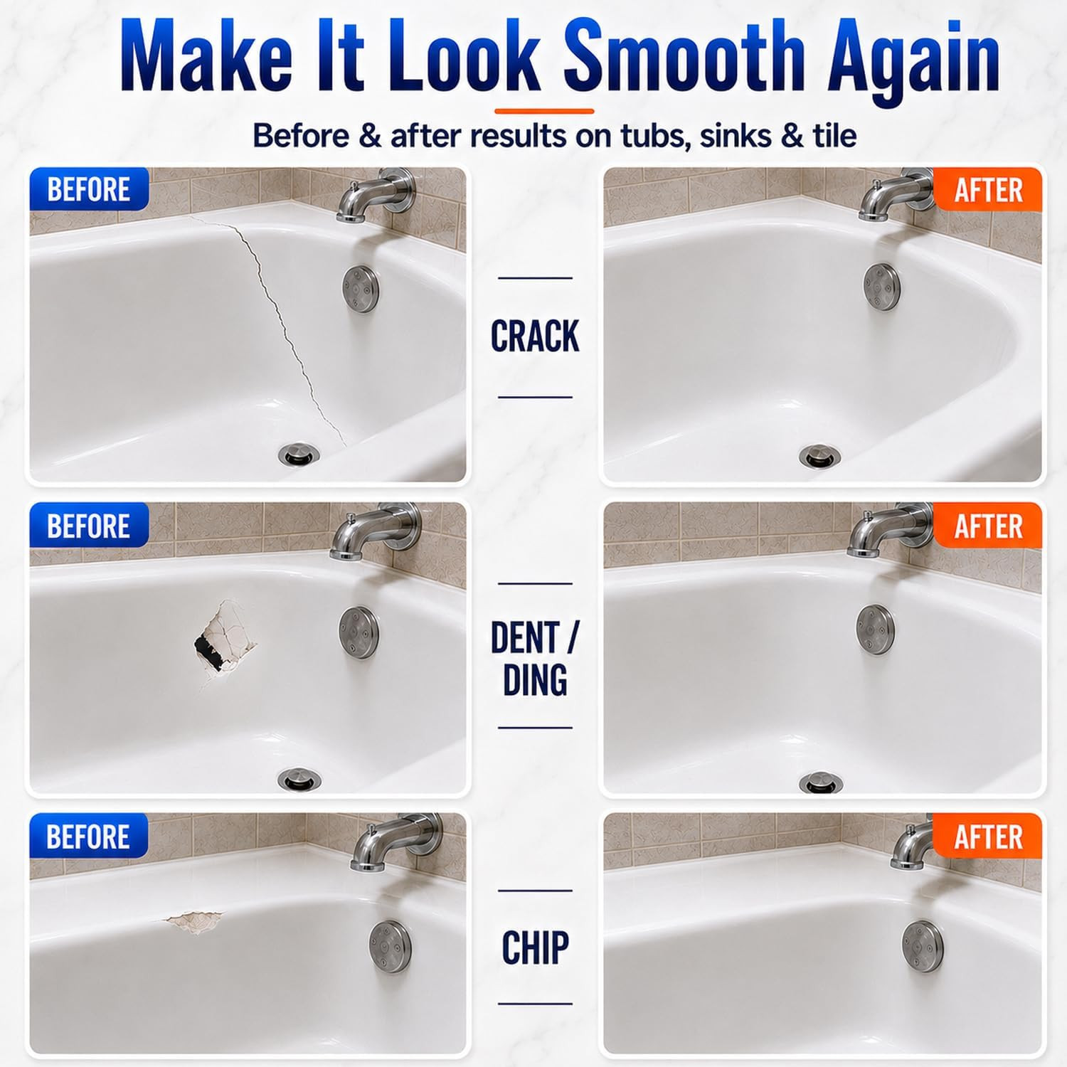 Tub Repair Kit White, Tub Chip and Bathtub Repair Kit for Enamel, Fiberglass, Ac