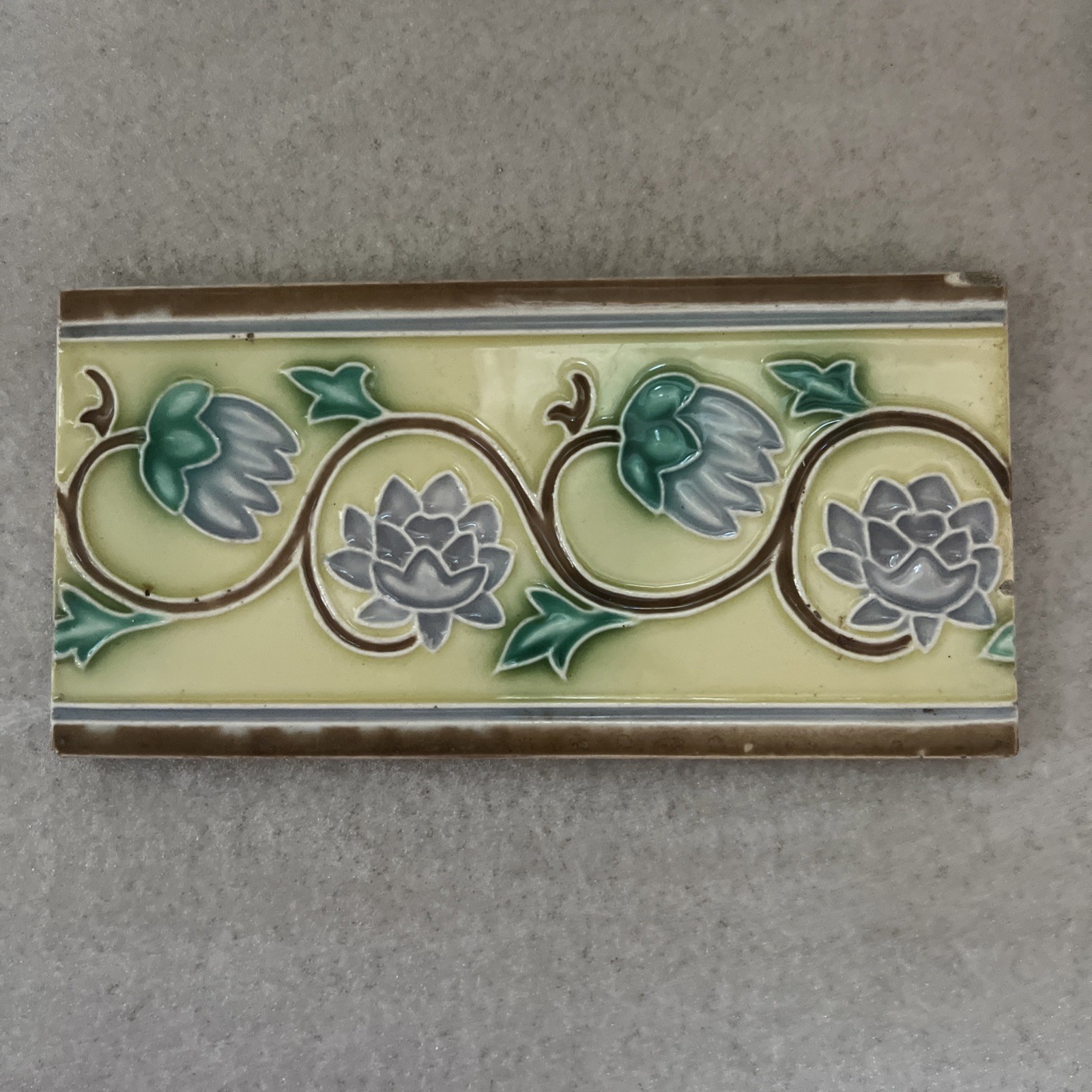 Antique Japanese Majolica Border Tiles Danto Kaisha DK Lotus Vine 6×3 Lot of 4