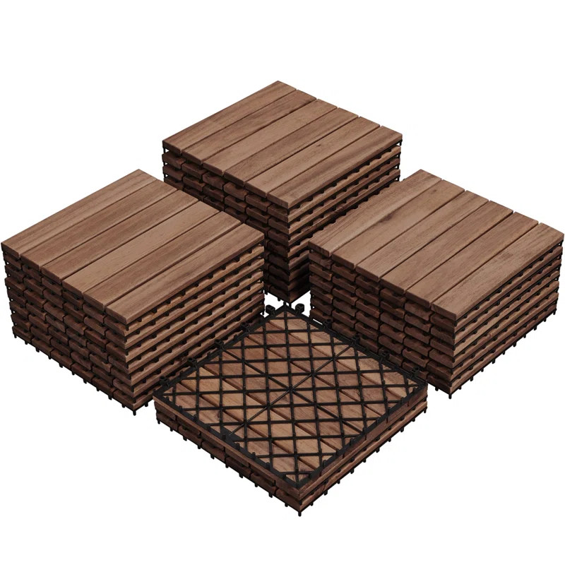 Acacia Wood Interlocking Deck Tiles for Indoor and Outdoor (Set of 27) Snap In