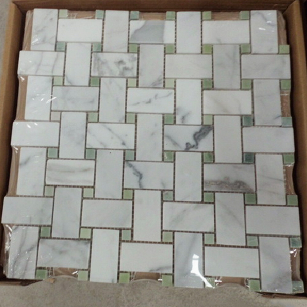 C652XP Carrara Venato Marble 1×2 Basketweave Mosaic Tile Green Dots Polished