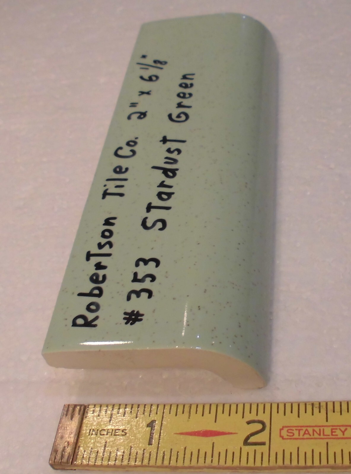 1 pc. Stardust Green: Ceramic Tile; 2″ X 6-1/8″ Radius Bullnose by Robertson Co.