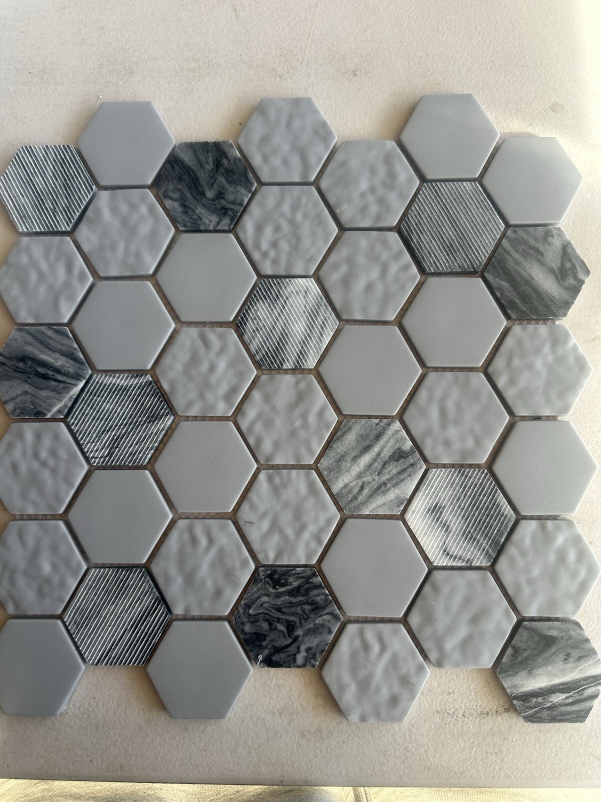 Grey Marble And Glass Hex Mixed Glossy, Matte And Textured Finish 12×12 Inch