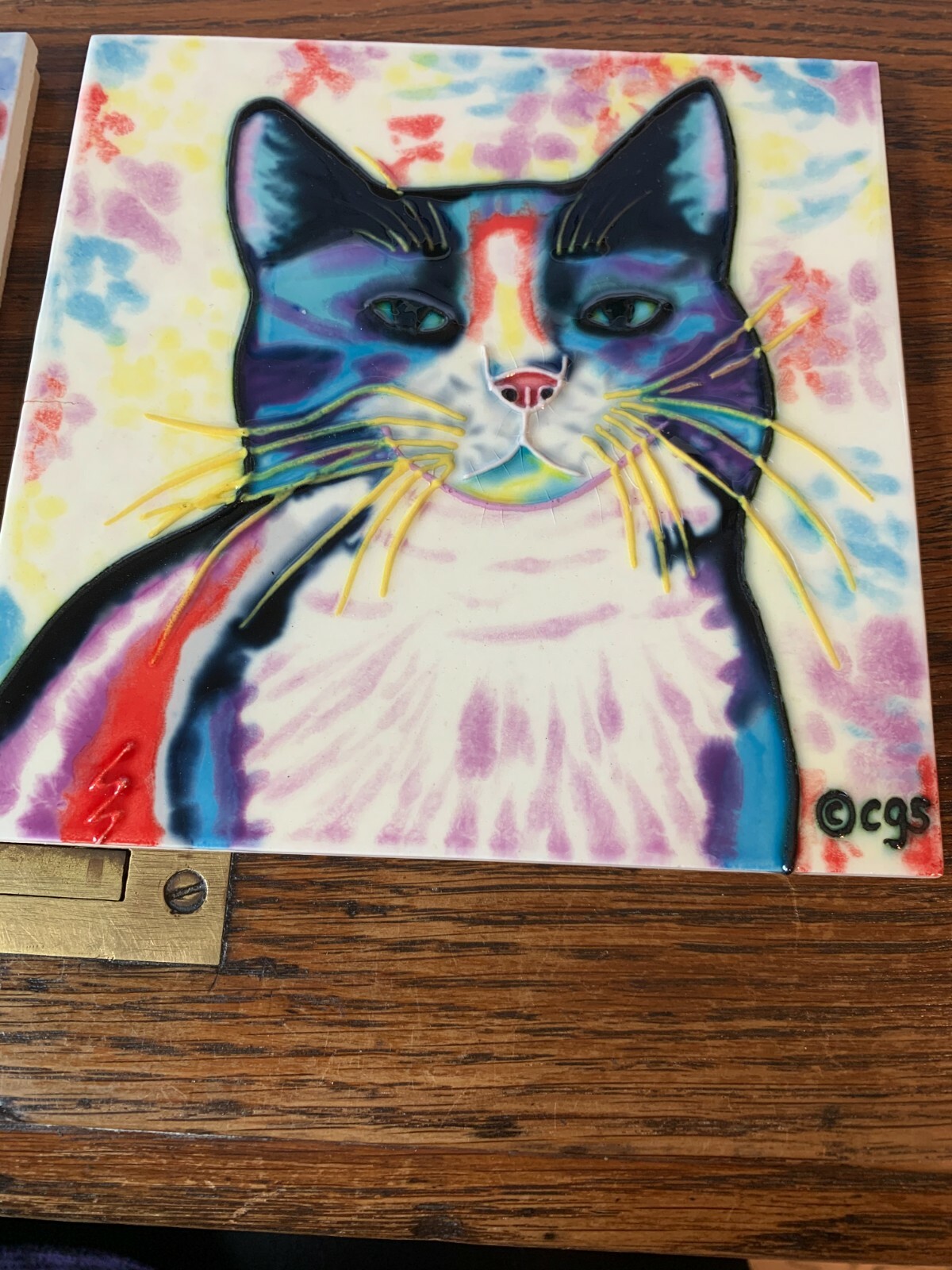 BEAUTIFUL SIGNED CLAUDIA SANCHEZ LOT OF TWO CAT TILES /PICTURES & FREE SHIPPING