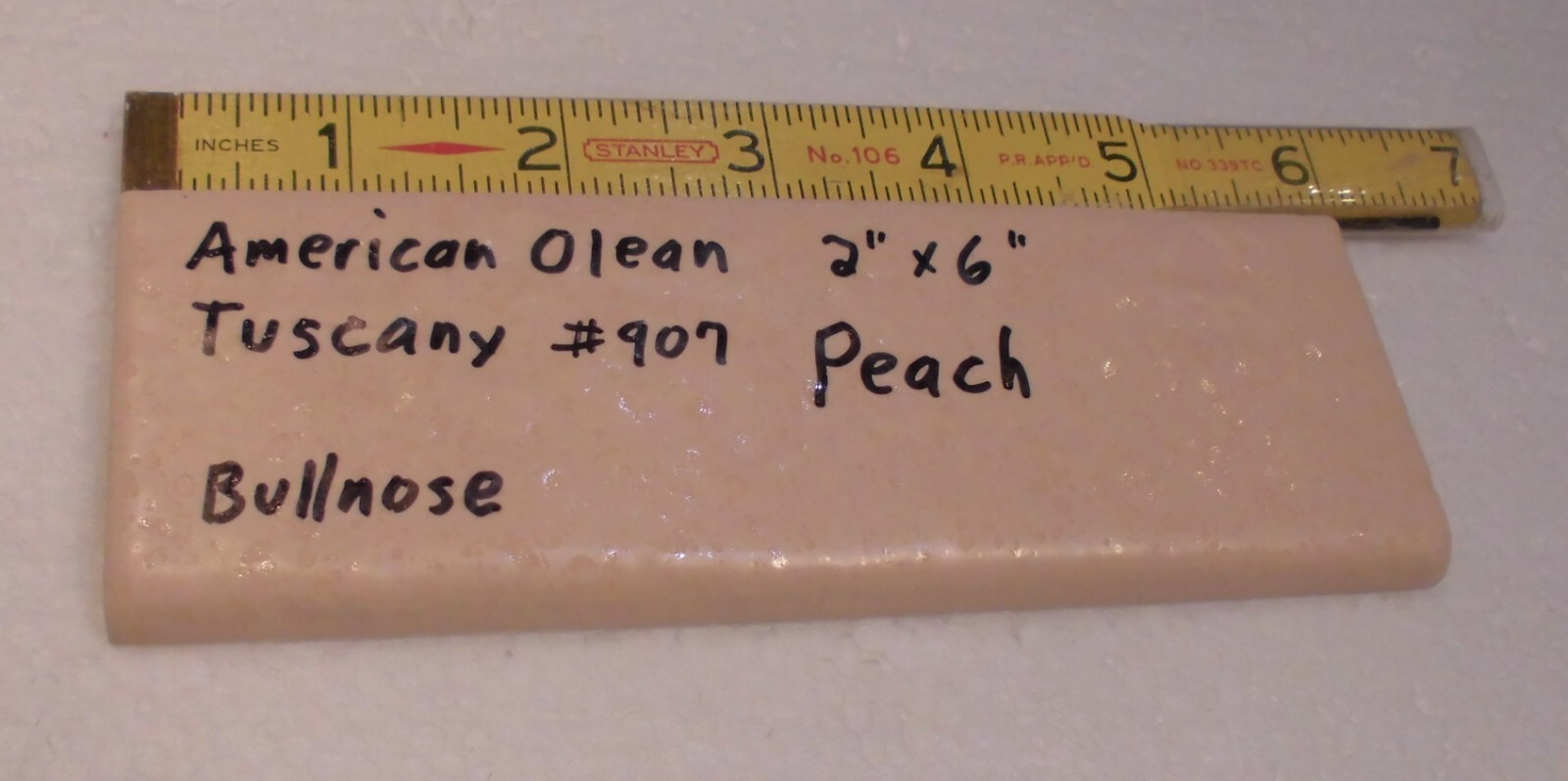 1 pc. Ceramic Bullnose Tile: 2” X 6″ Tuscany Peach #907 by American Olean: NEW