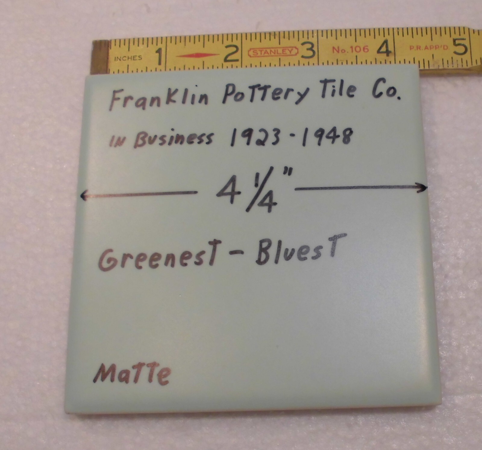 1 pc. Green – Blue: Matte Ceramic Tile by Franklin Co. 4-1/4″ Criteria 1930’s