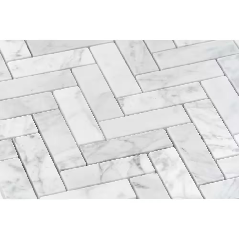 White Carrara Herringbone 12 In. X 12 In. 10Mm Polished Marble Stone Mosaic Wall