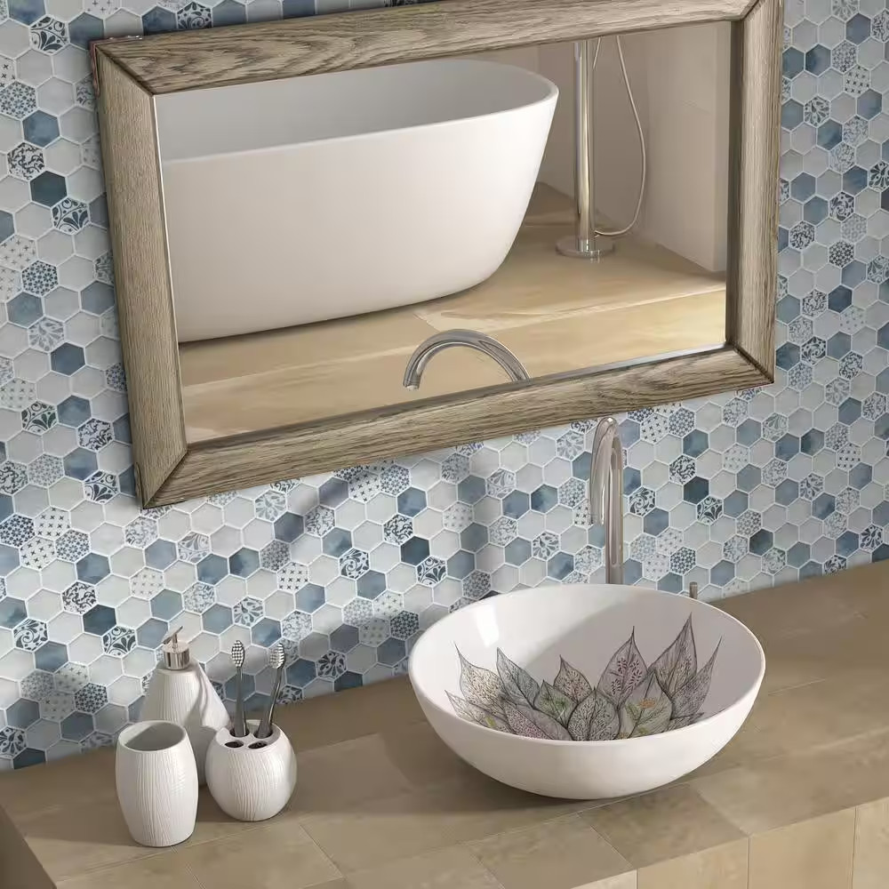 Concrete Blue Hexagon 11.7X10.2In. Mosaic Backsplash. Recycled Glass Cement Look