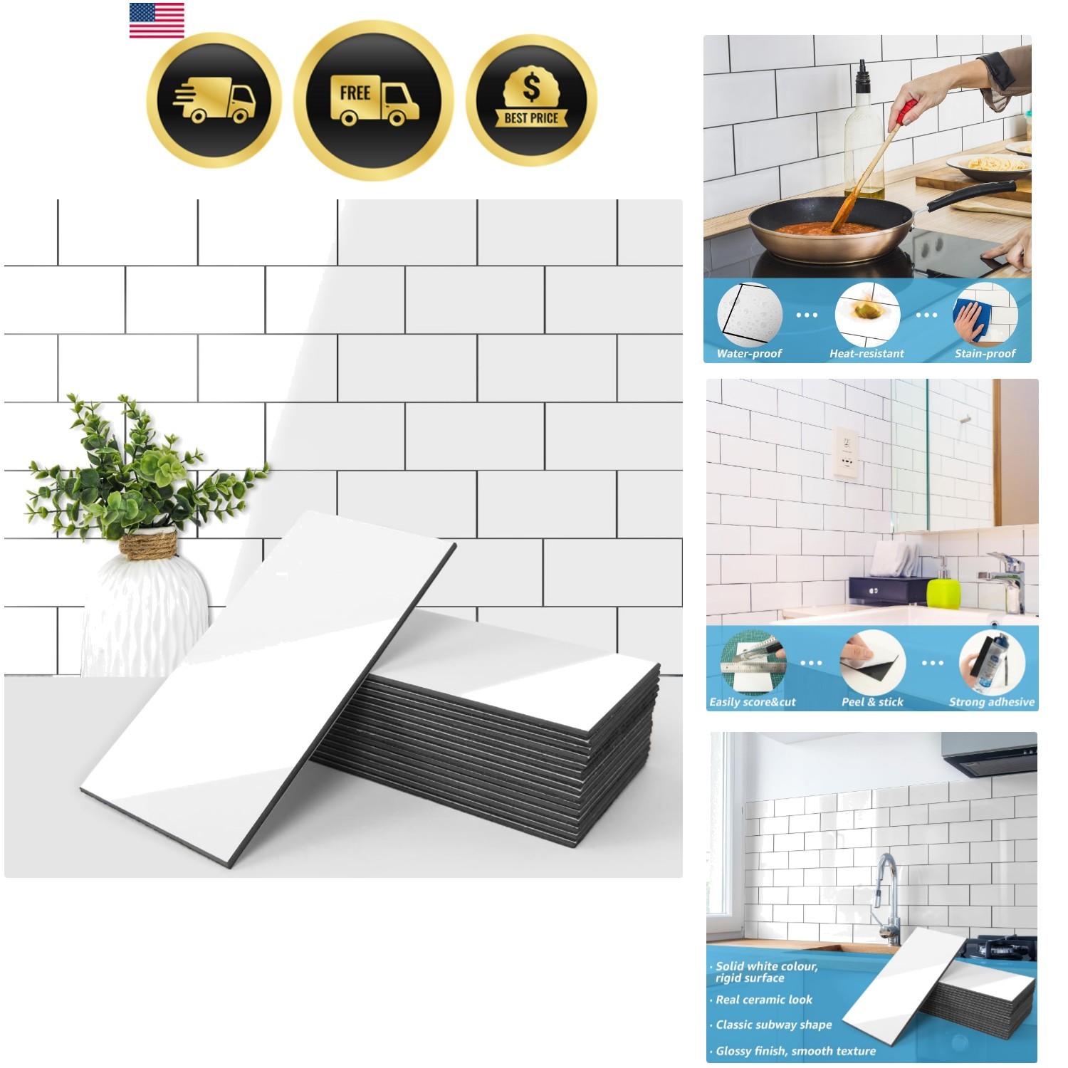 102-Piece Peel and Stick Wall Tile for Kitchen Backsplash, Bathroom, Fireplac…