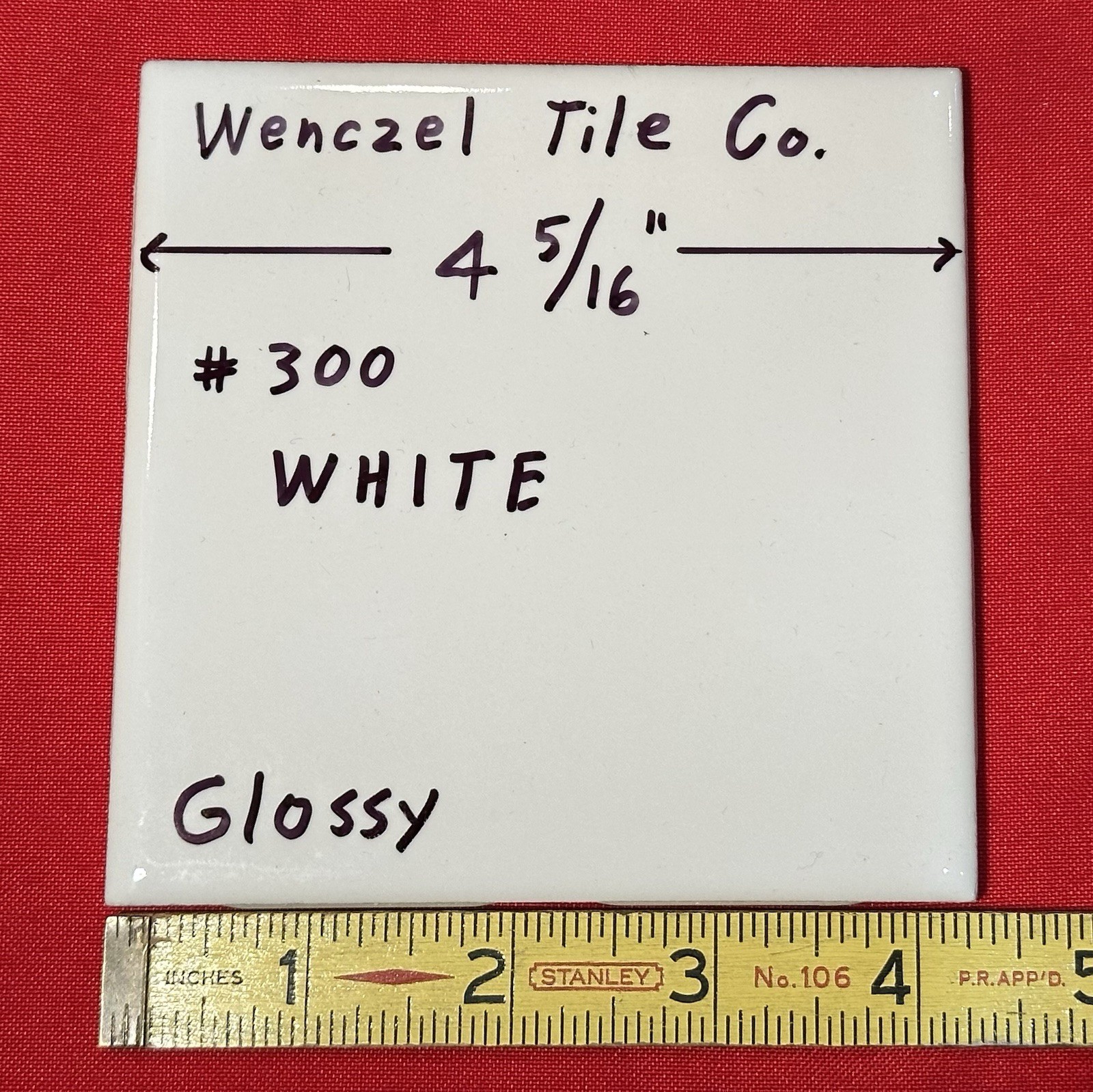1 pc. Gloss White #300: 4-5/16″ Ceramic Tile by Wenczel Co. made 1960’s -1980’s
