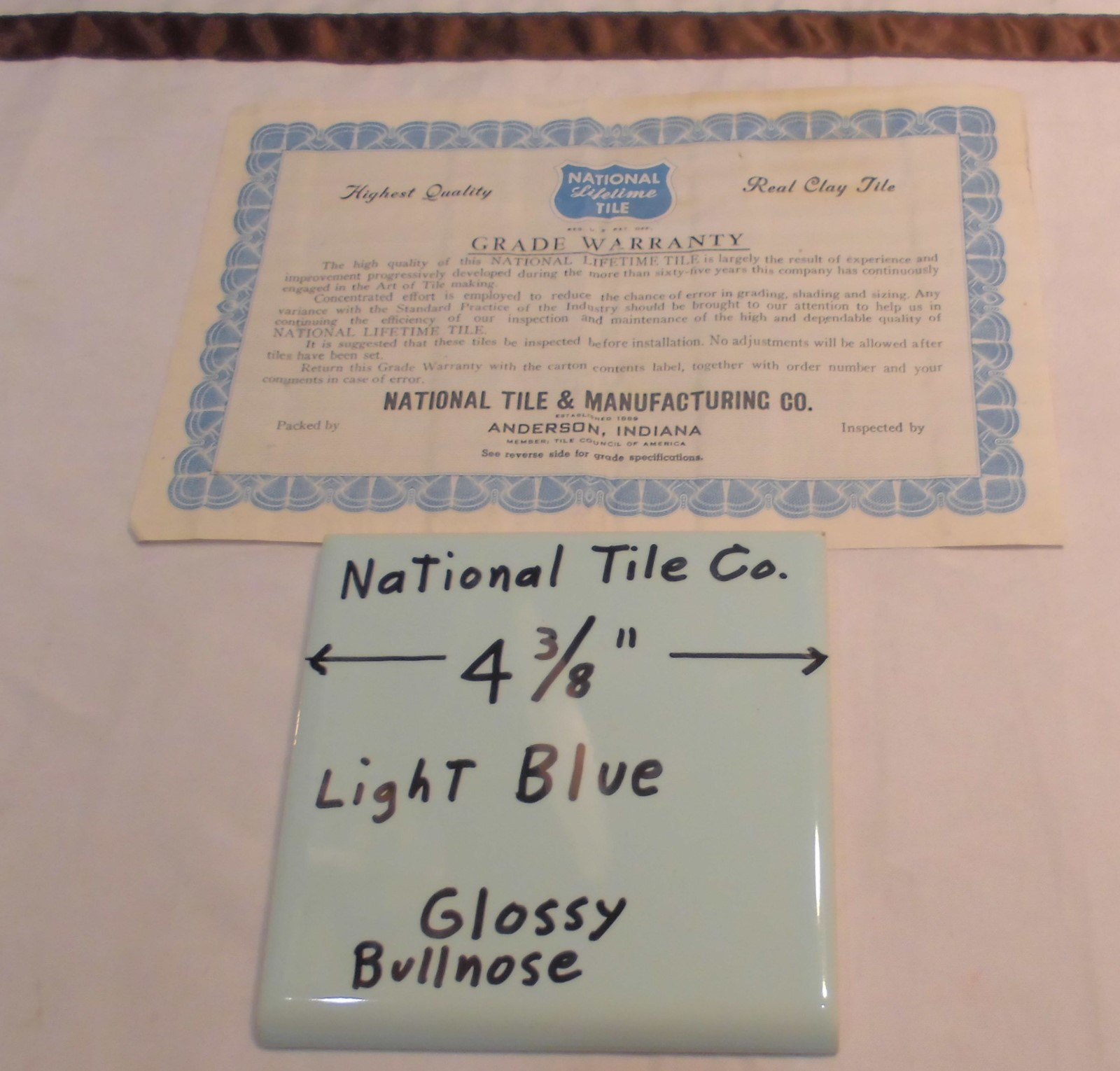 1 pc. Vintage *Light Blue* 4-3/8″ Glossy Ceramic Bullnose by National Tile Co.
