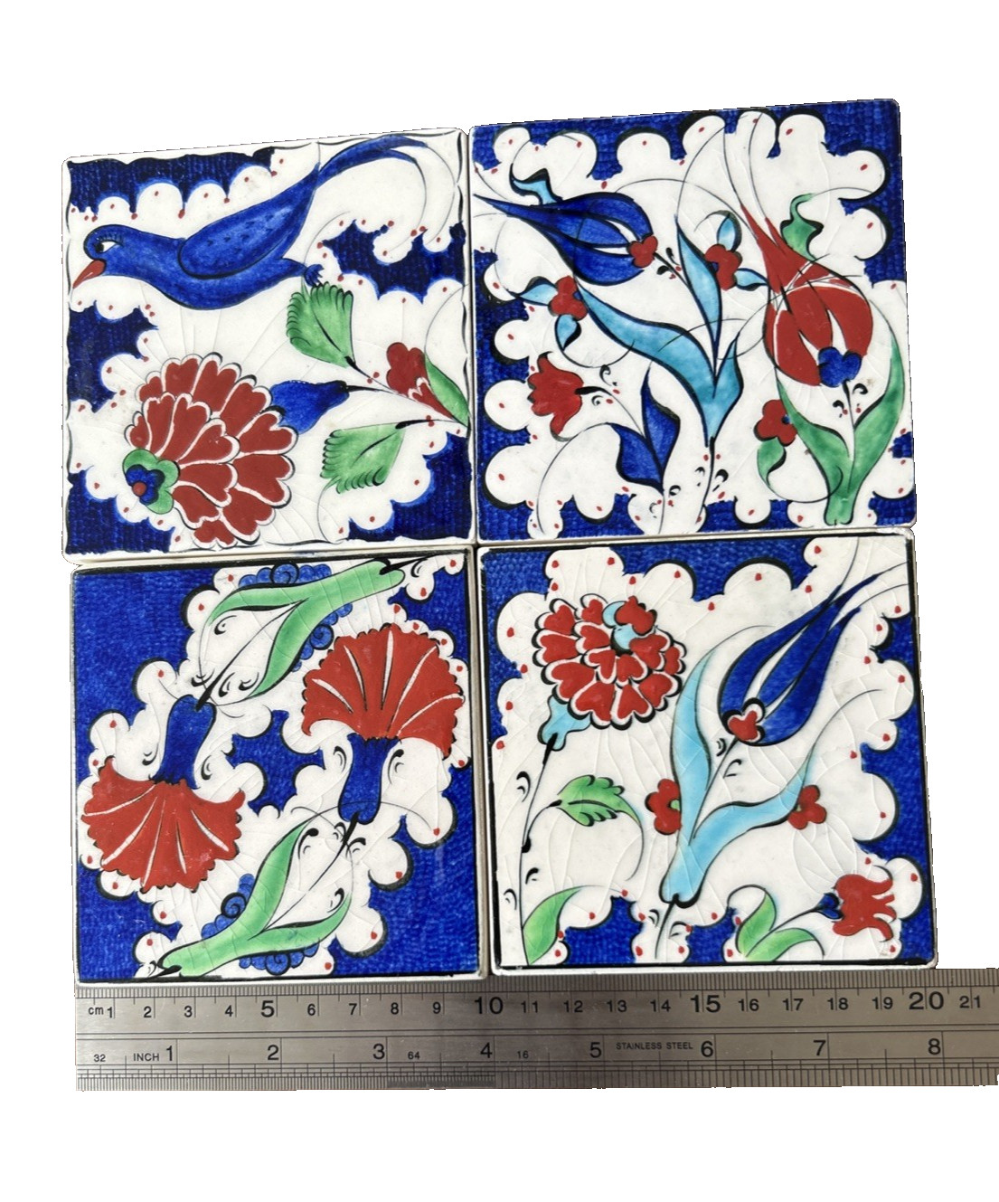 Set of 4 Handmade Turkish Ceramic Tiles Iznik Kütahya Floral Bird Blue Red 4×4”