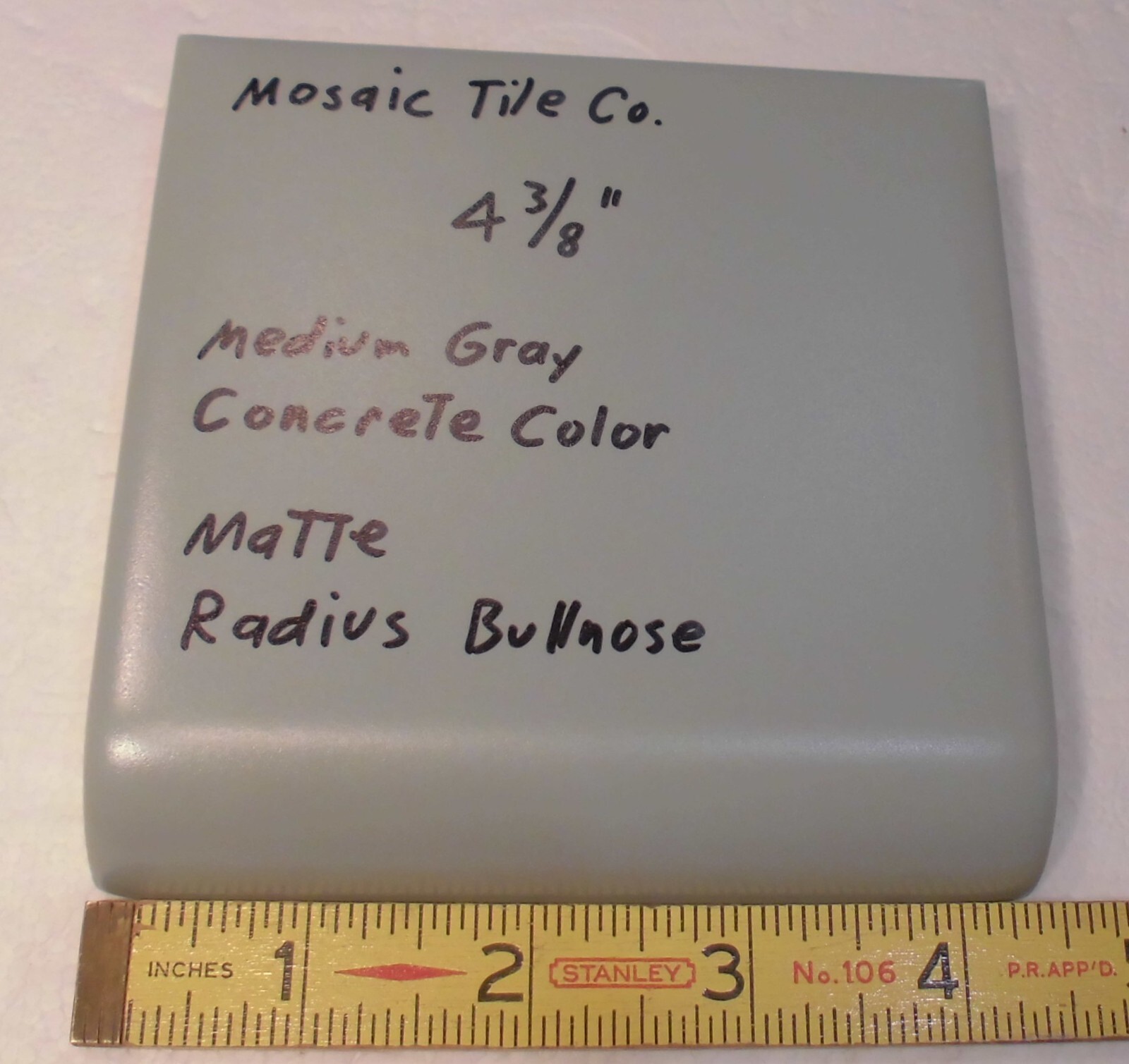 1 pc. Gray-Concrete Color: Matte Radius Bullnose Ceramic Tile 4-3/8″ Mosaic Co.