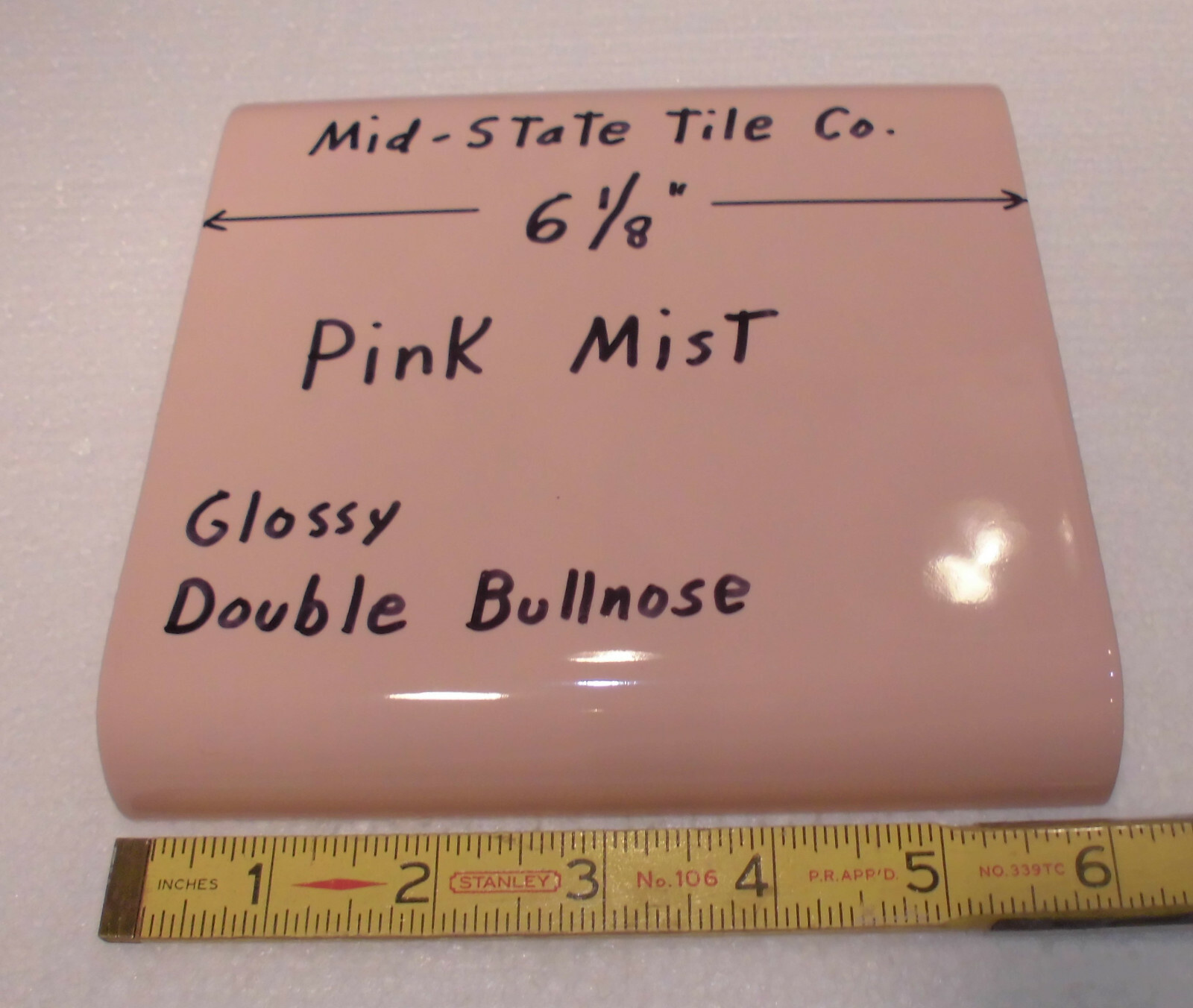 1 pc. Pink Mist 6″ x 6″ Double Radius Bullnose Glossy Ceramic Tile: Mudd Caps