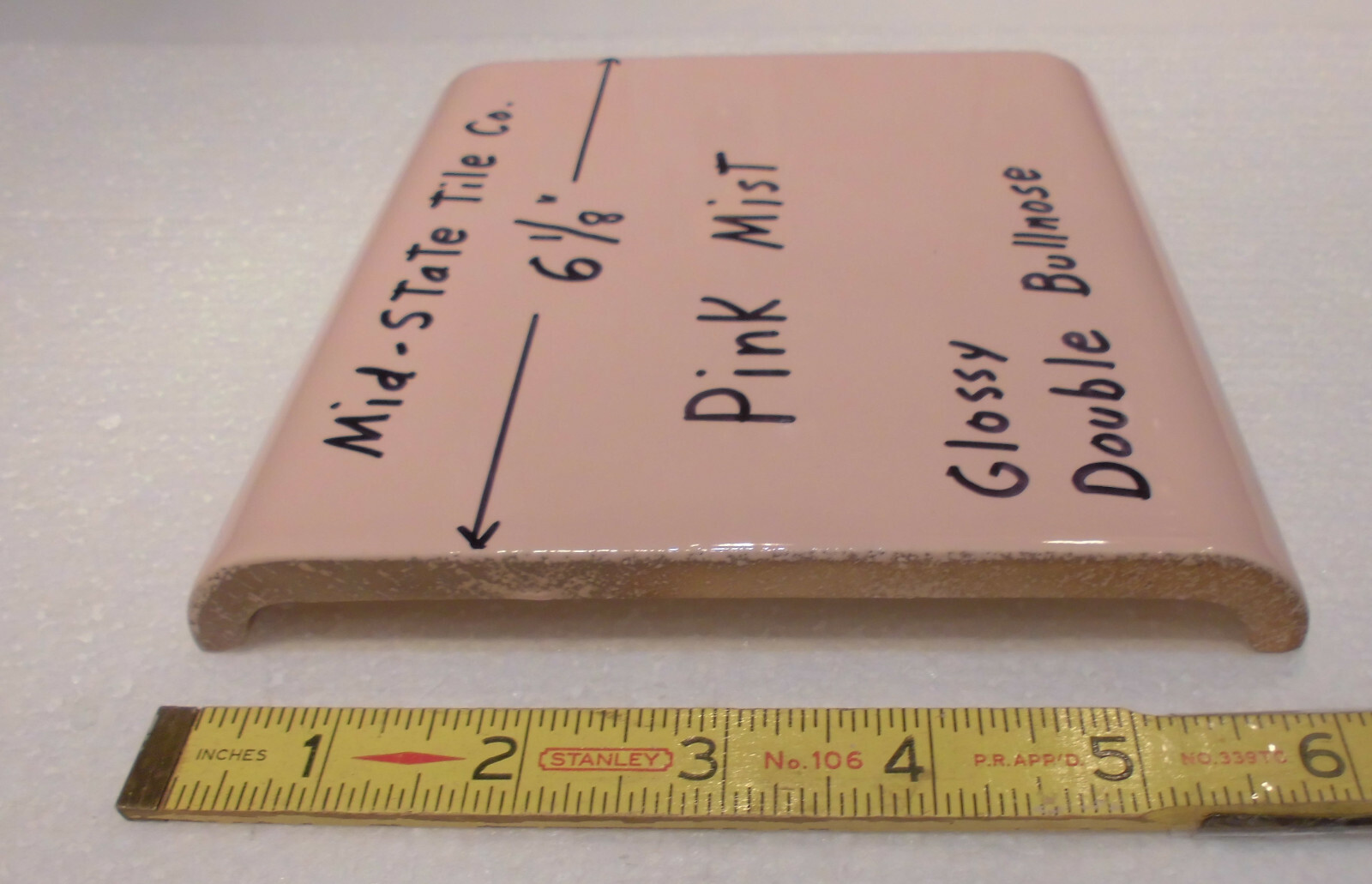 1 pc. Pink Mist 6″ x 6″ Double Radius Bullnose Glossy Ceramic Tile: Mudd Caps