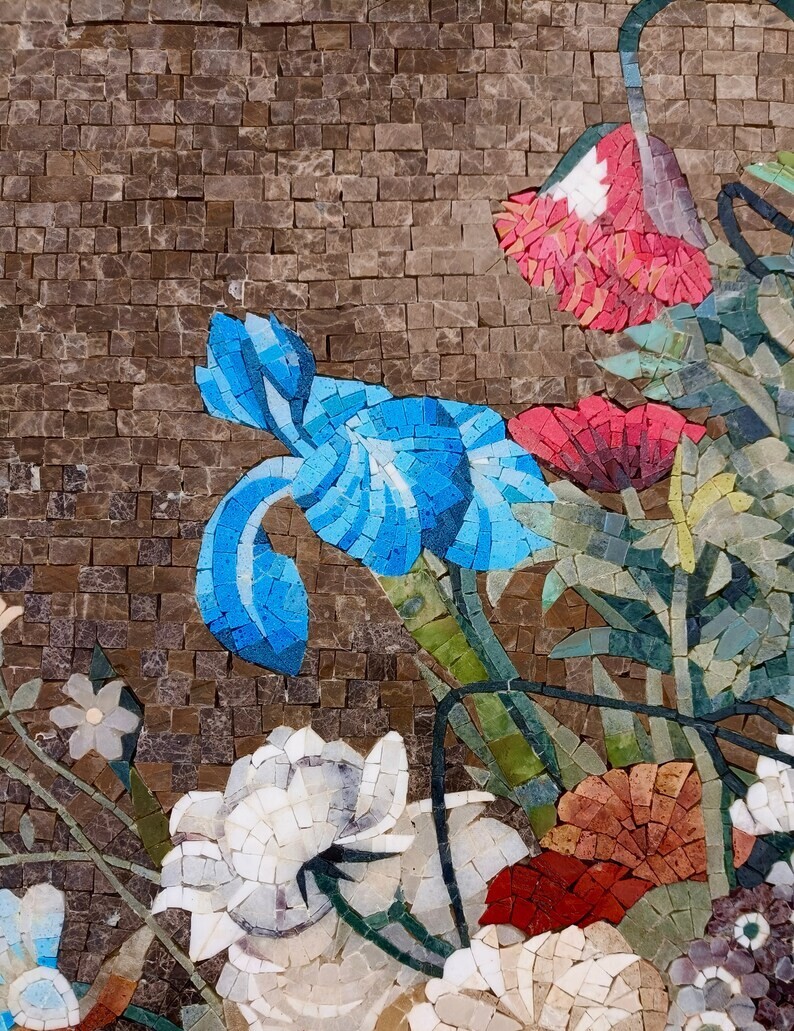 Mosaic Overflowing Multiple Colorful Bloom Flowers Vase Wall Art For Living Room