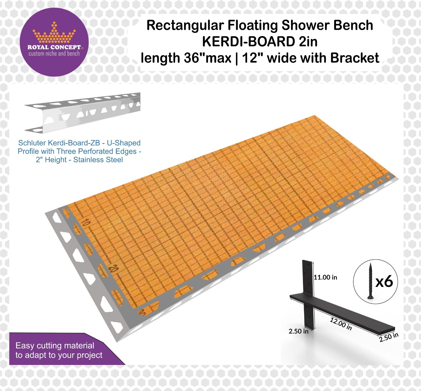 Floating Shower Bench – Kerdi-Board 2″ – L36xW16xH2” – Support: walls + bracket