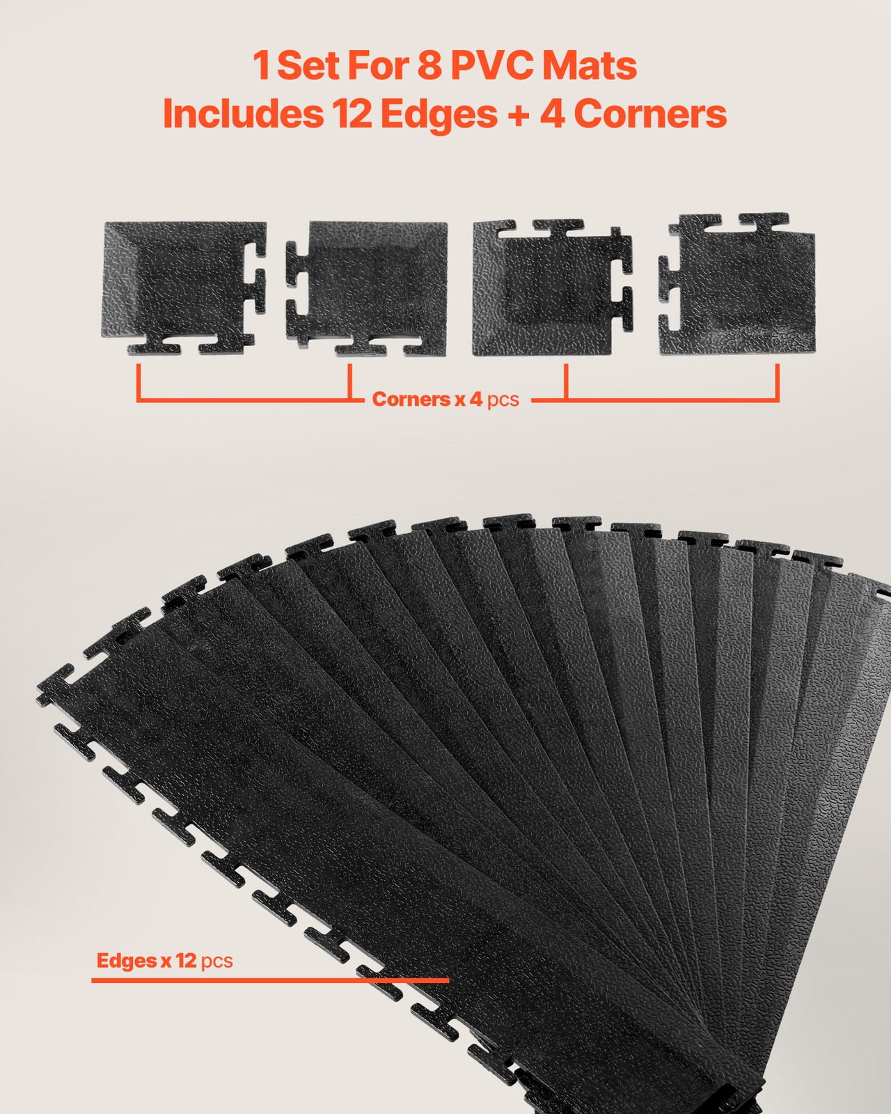 VEVOR Male Garage Floor Edge Kit 12 Edges 4 Corners PVC Interlocking Black