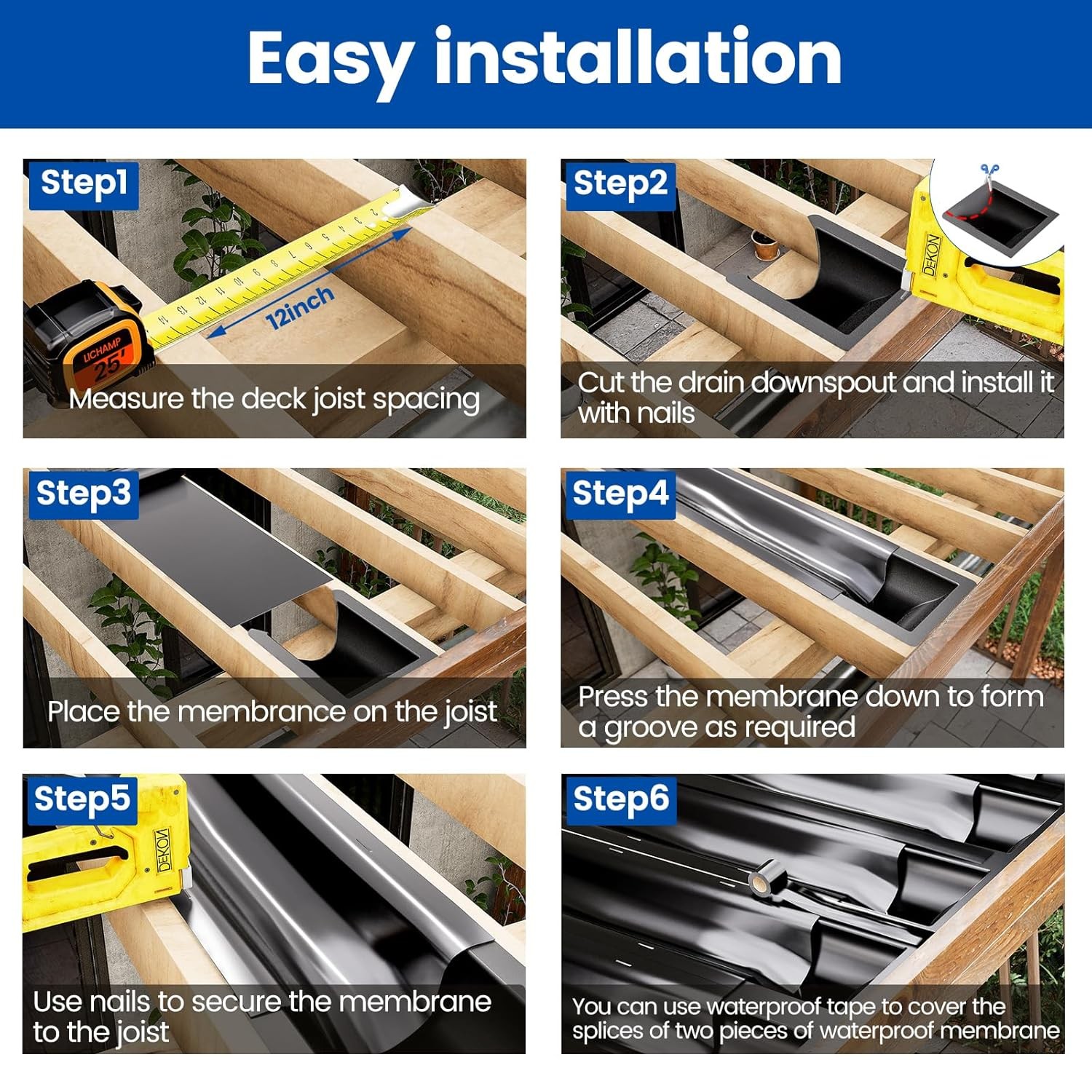 4 PCS 50FTBlack under Deck Drainage System,Waterproof Membrane Fit for Joist 12″