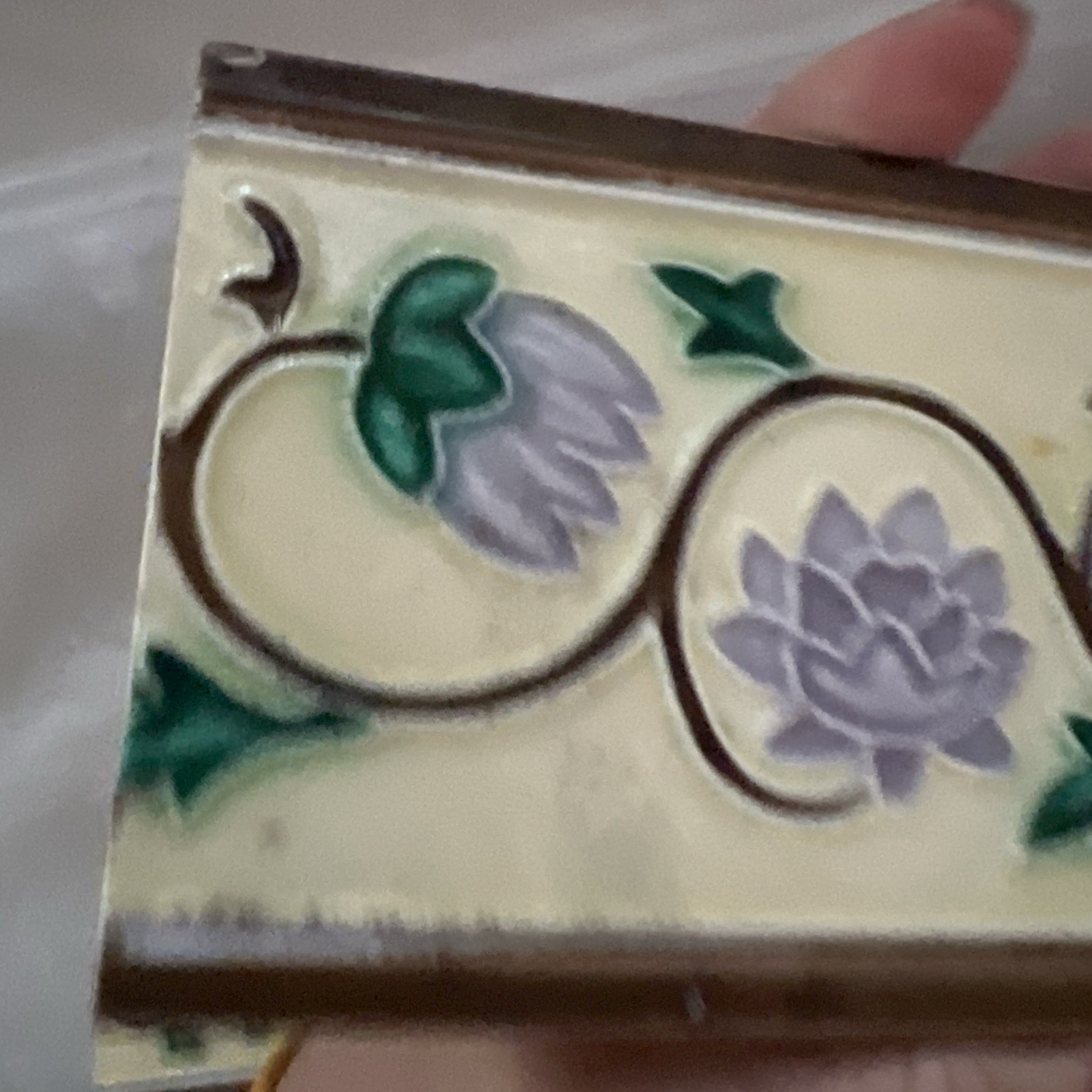 Antique Japanese Majolica Border Tiles Danto Kaisha DK Lotus Vine 6×3 Lot of 4