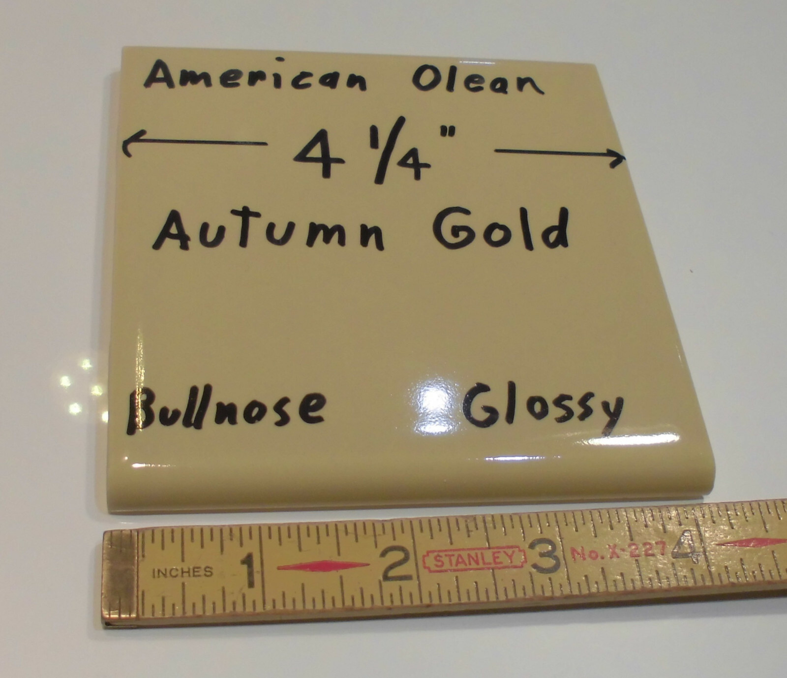 1 pc. Vintage Glossy Ceramic Bullnose Tile 4-1/4” *Autumn Gold-Yellow* By A. O.