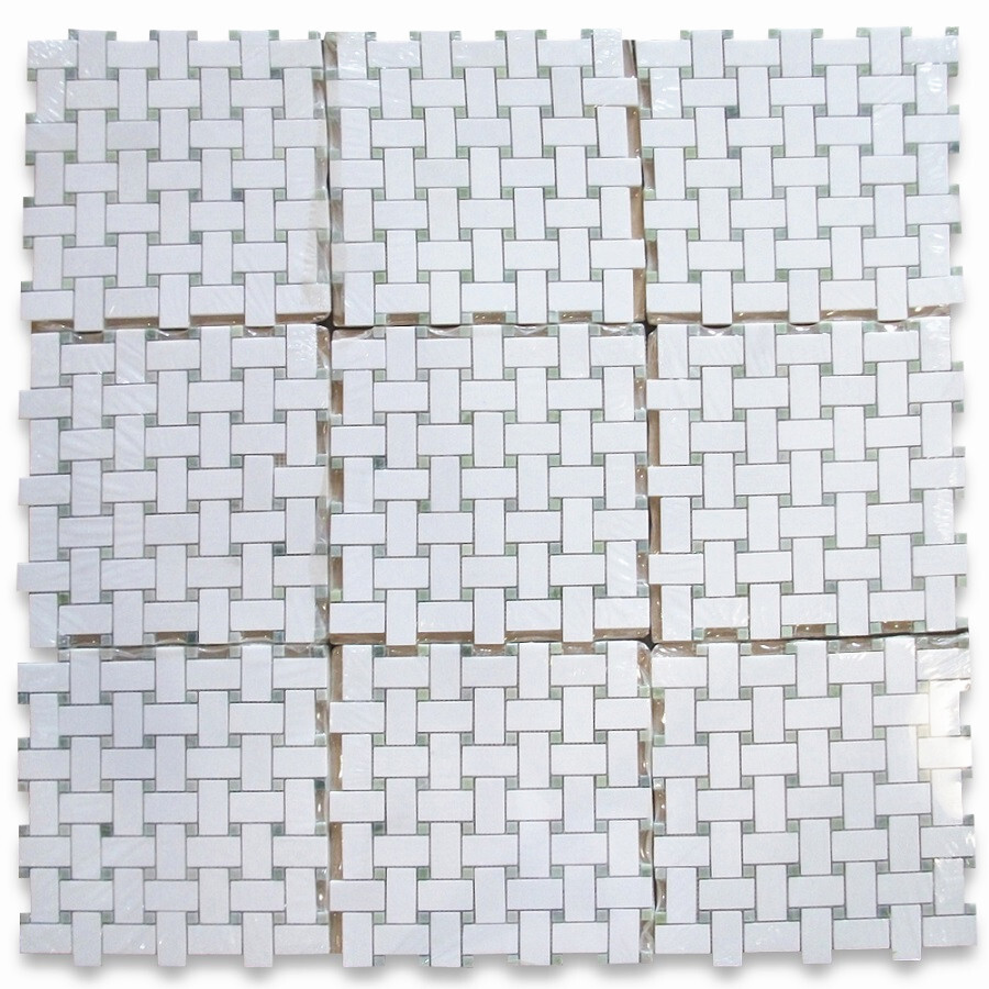 T652XH Thassos White Marble 1×2 Basketweave Mosaic Tile Green Dots Honed