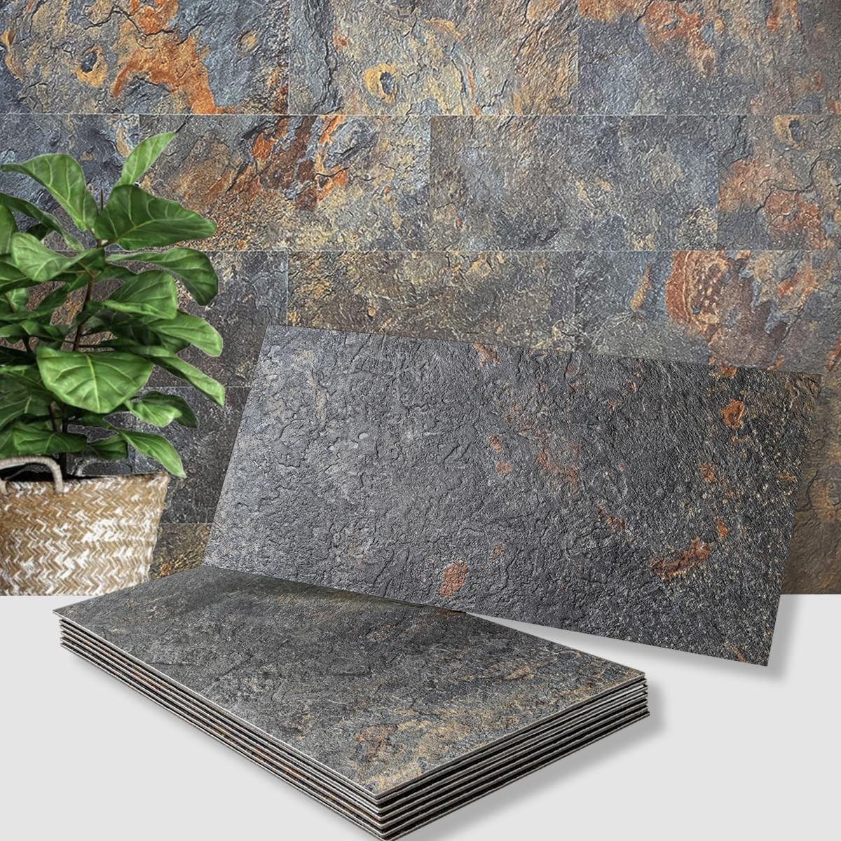 AULIGET 6″ x 12″ Rust Slate Peel and Stick Backsplash Wall Tiles, PVC Faux Stone