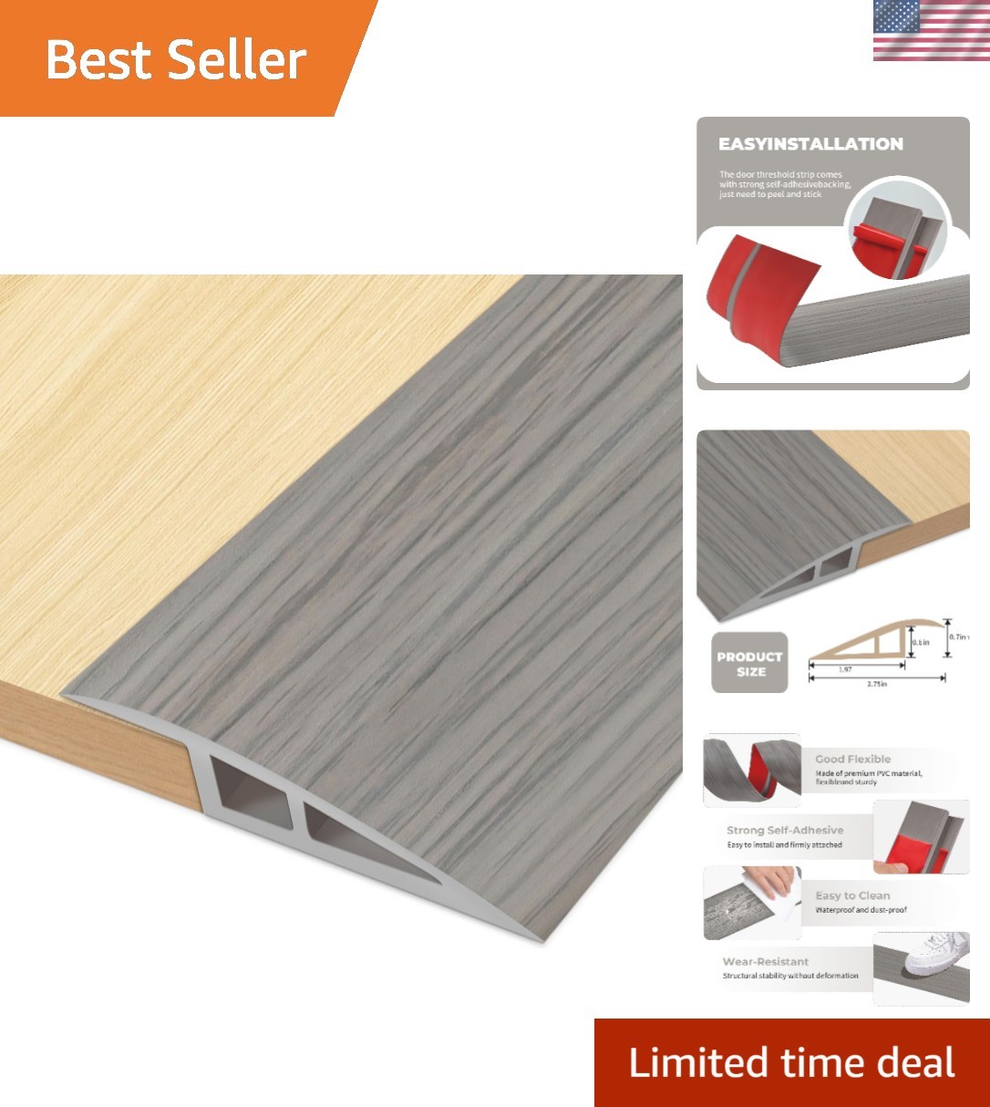 36” Transition Strip for Doorways – Stylish & Strong PVC with Wood Finish