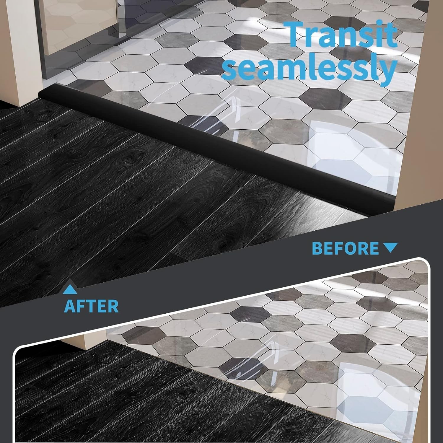 Elegant 10 FT Self-Adhesive Vinyl Floor Transition Strip – Black, 1.57 in Wide