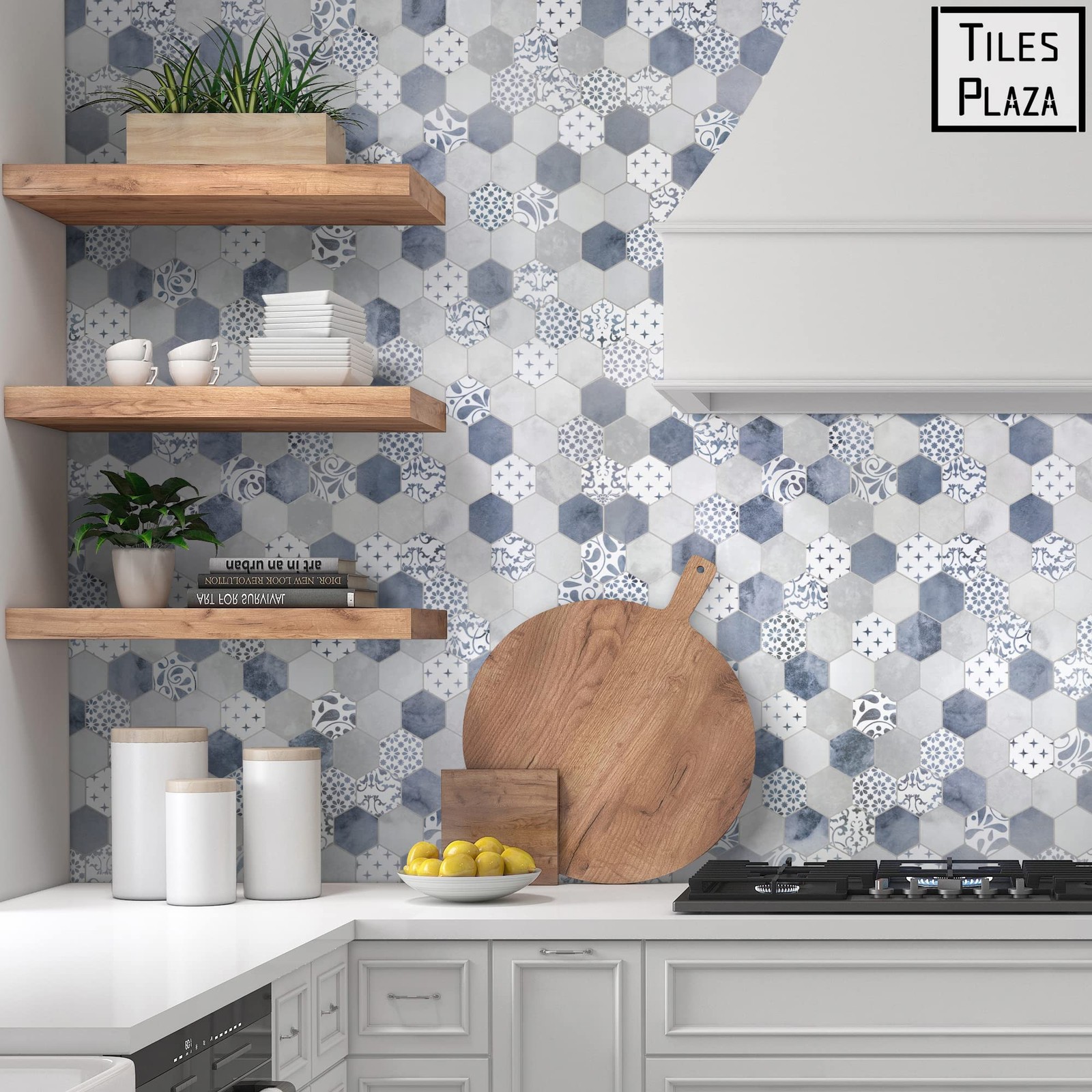 10-Sheet Peel and Stick Backsplash, Blue Cement Hexagon Stone Composite Marbl…