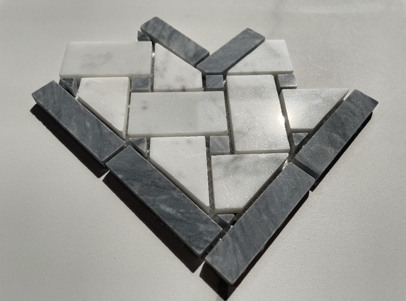 C657CXP Basketweave Mosaic Corner Carrara White Marble Dark Gray Dots Polished