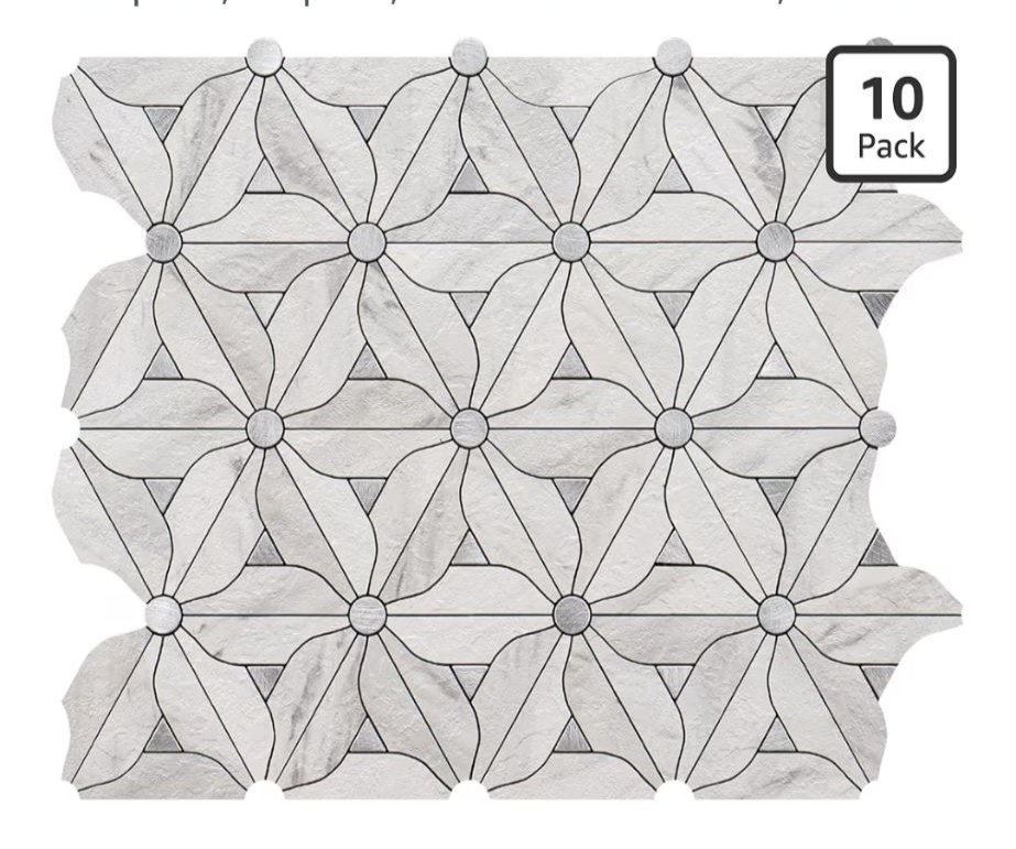 10 Sheets 12″x 12″ Peel & Stick Backsplash White PVC Silver Geo Flower Tiles
