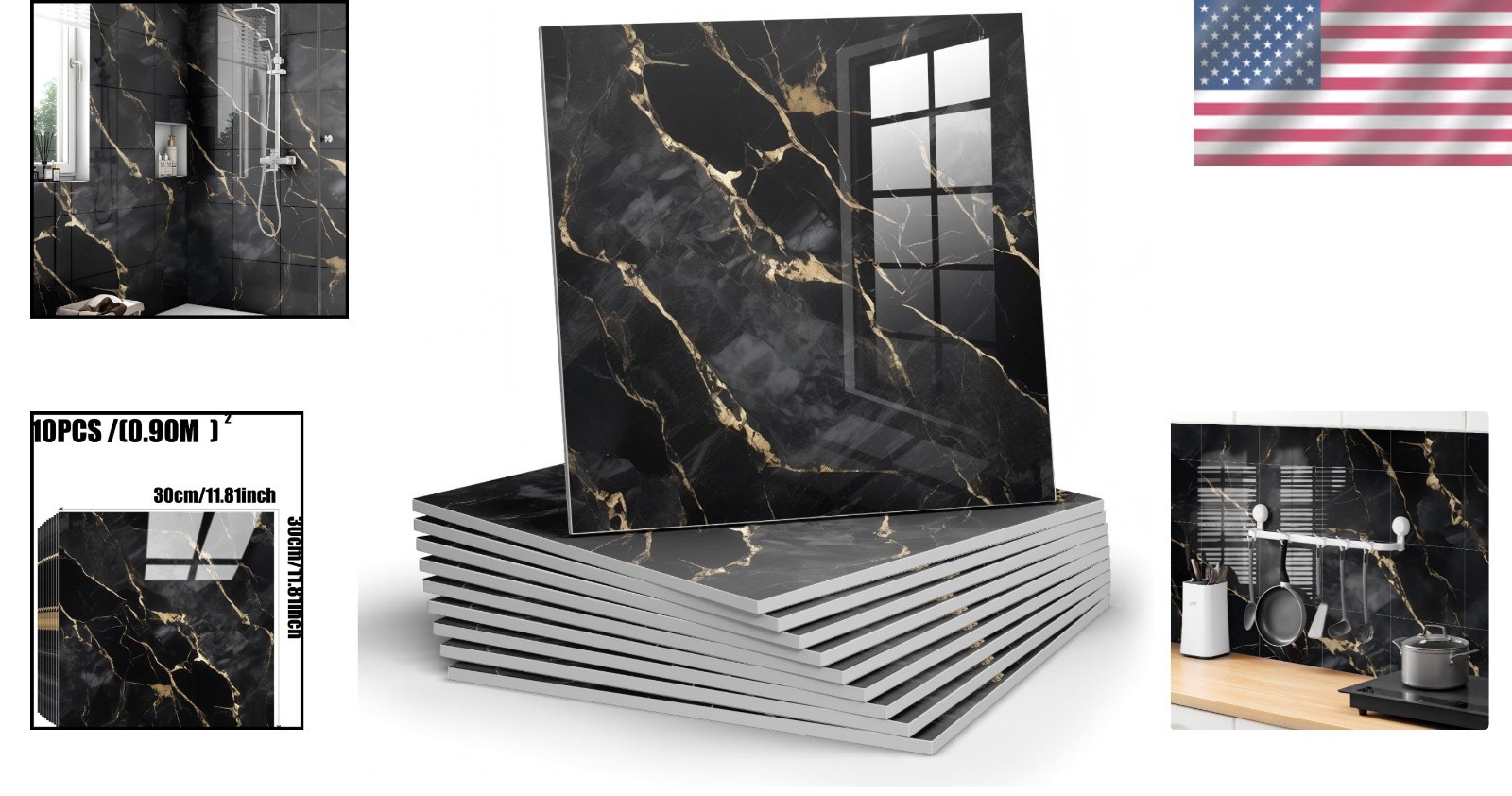 Waterproof Black Gold Wall Panels – 11.8″ x 11.8″