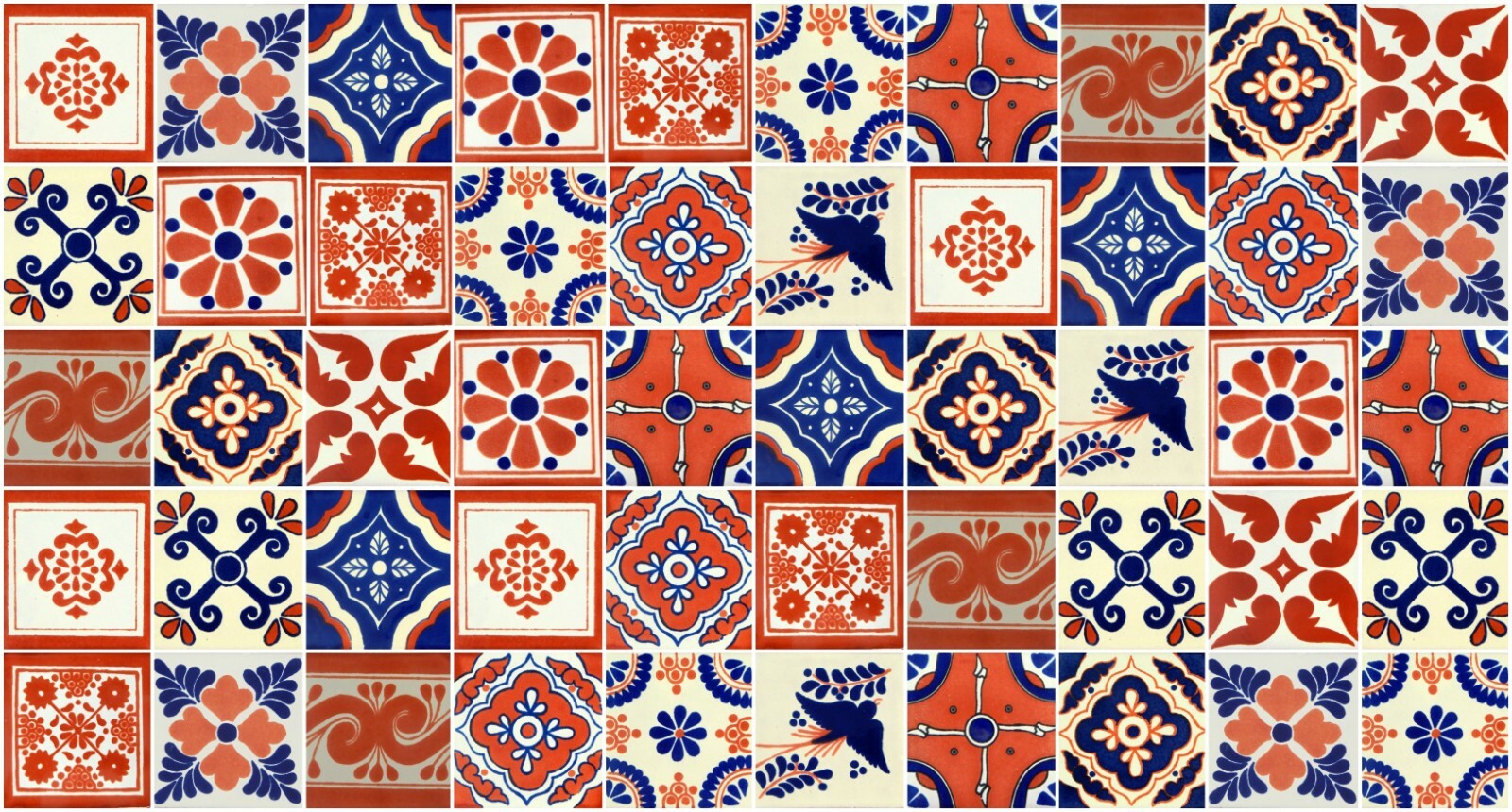 50 PCS MEXICAN TALAVERA TILES 4×4 TERRACOTTA & BLUE MIX FOLK ART