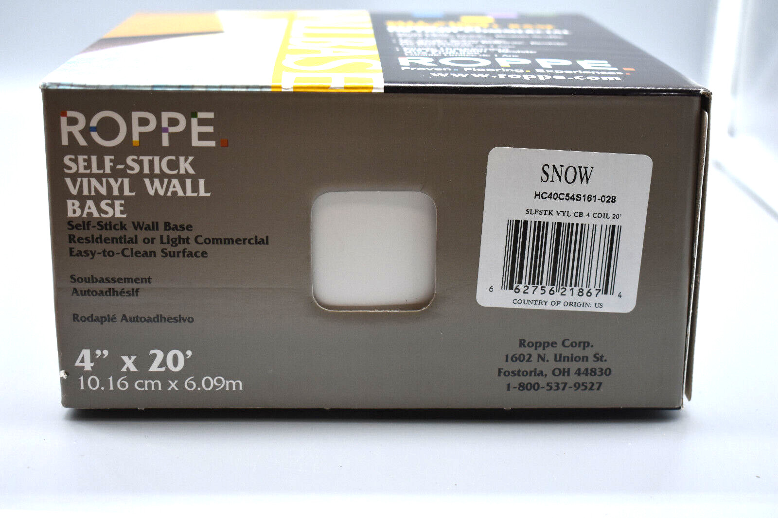 ROPPE SNOW Self-Stick Vinyl Wall Base, 4″ x 20′ New Old Stock. Made in USA