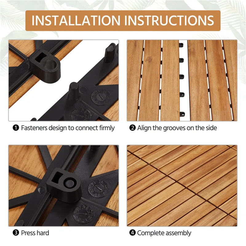 Acacia Wood Interlocking Deck Tiles for Indoor and Outdoor (Set of 27) Snap In