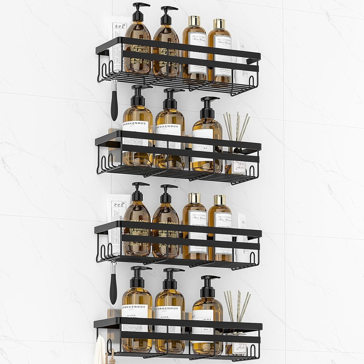 4 Pack Shower Caddies – Adhesive Hanging Shelves, No Drill Bathroom Organizers &