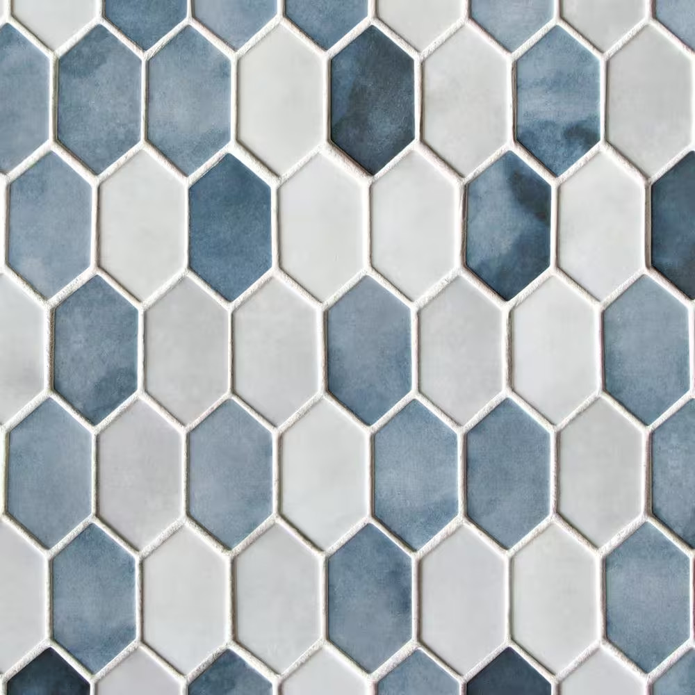 Picket Blue Mix 10.7 In. X 10.1 In. Long Hexagon Recycled Glass Cement Looks Mos
