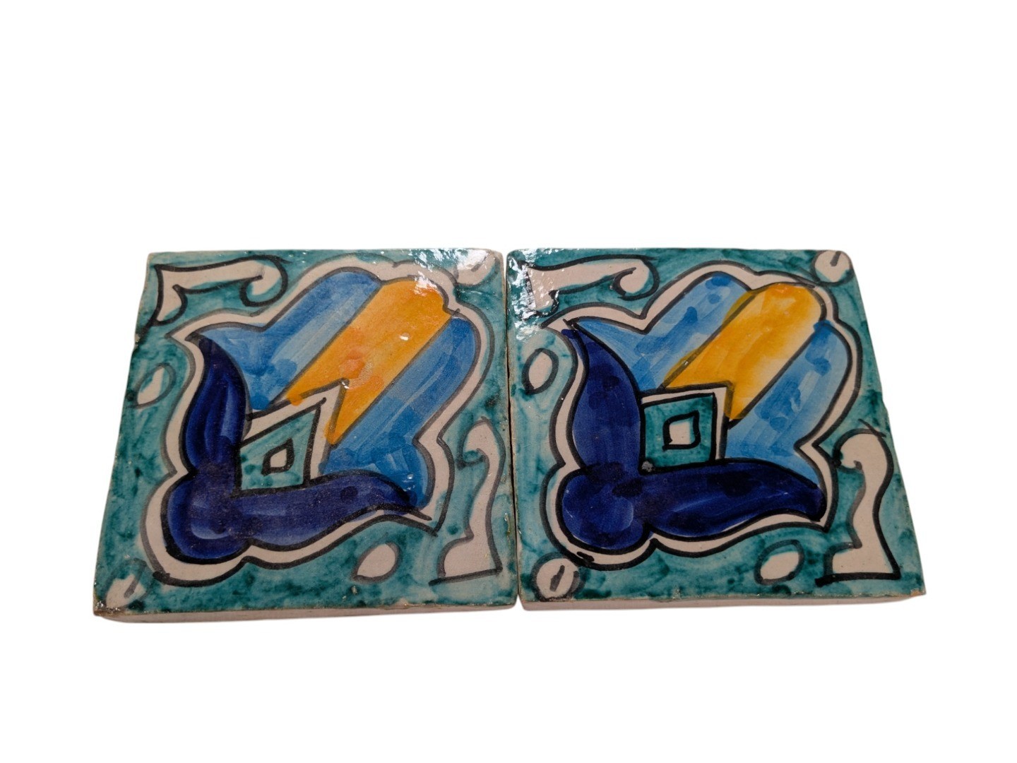 2x Moroccan Zellige Mosaic Tiles Pair Hamsa Design B 10cm/4 Inch