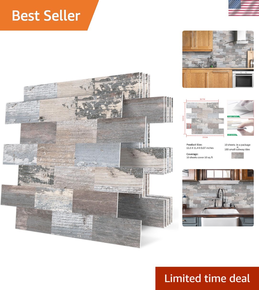 Peel and Stick Rustic Backsplash Wall Tile Self Adhesive for Kitchen Farmhous…