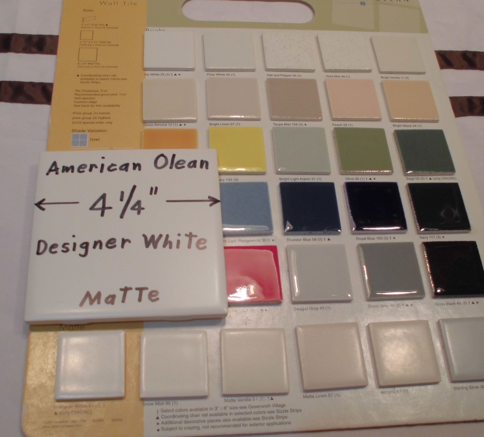 9 pieces: Ceramic Tiles *Matte Designer White* #61 by American Olean 4-1/4″ NEW