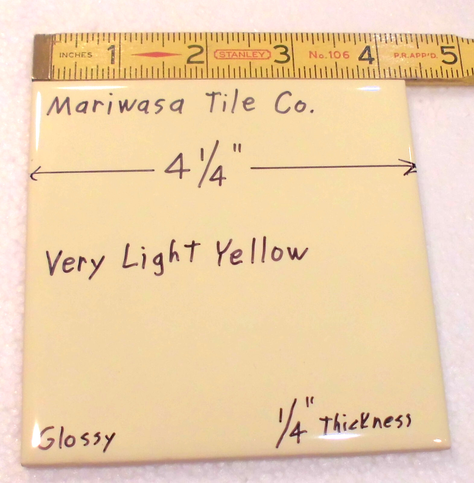 1 pc. Very Light Yellow: 4-1/4″ Glossy Ceramic Tile, 1/4″ Thick, by Mariwasa Co.