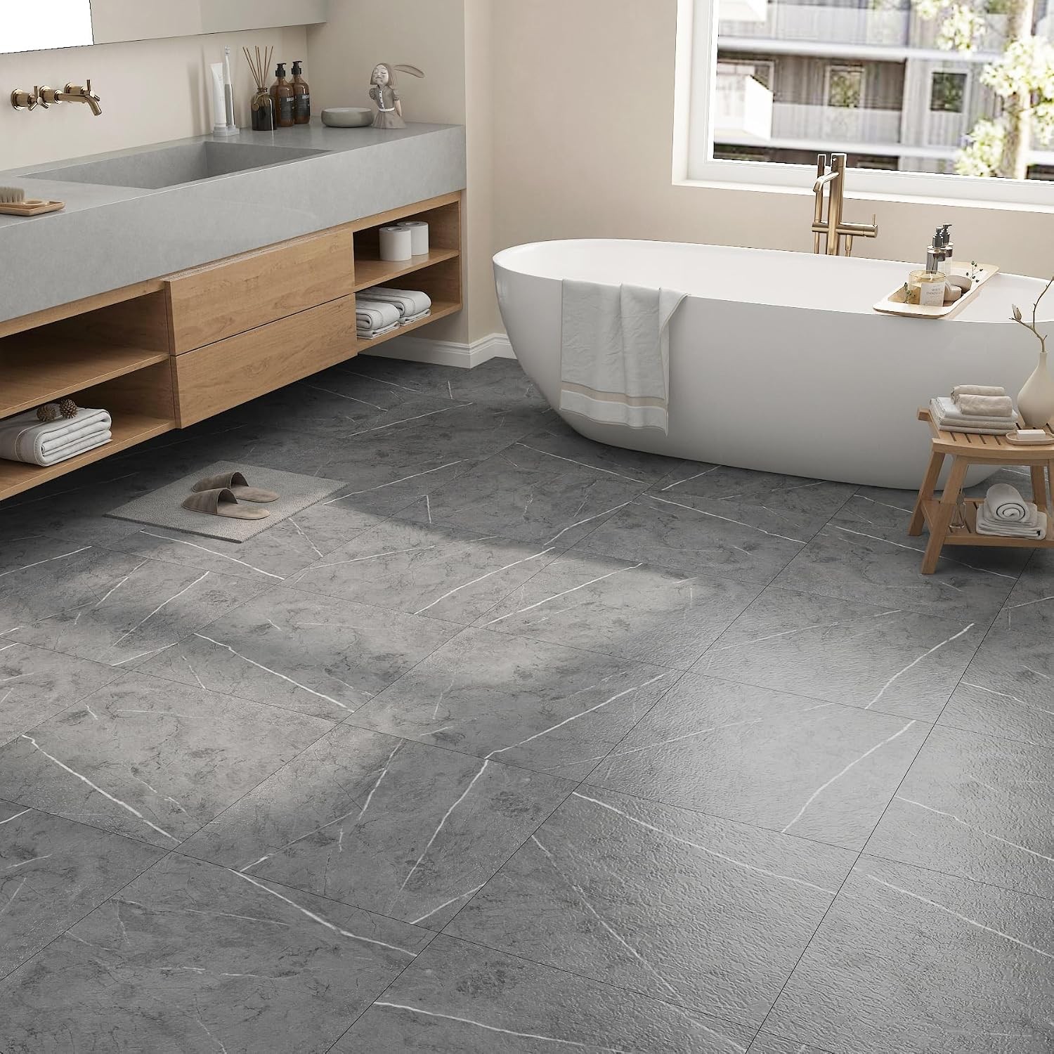 Peel and Stick Floor Tile Gray Marble Look Self Adhesive Vinyl Floor Tiles for