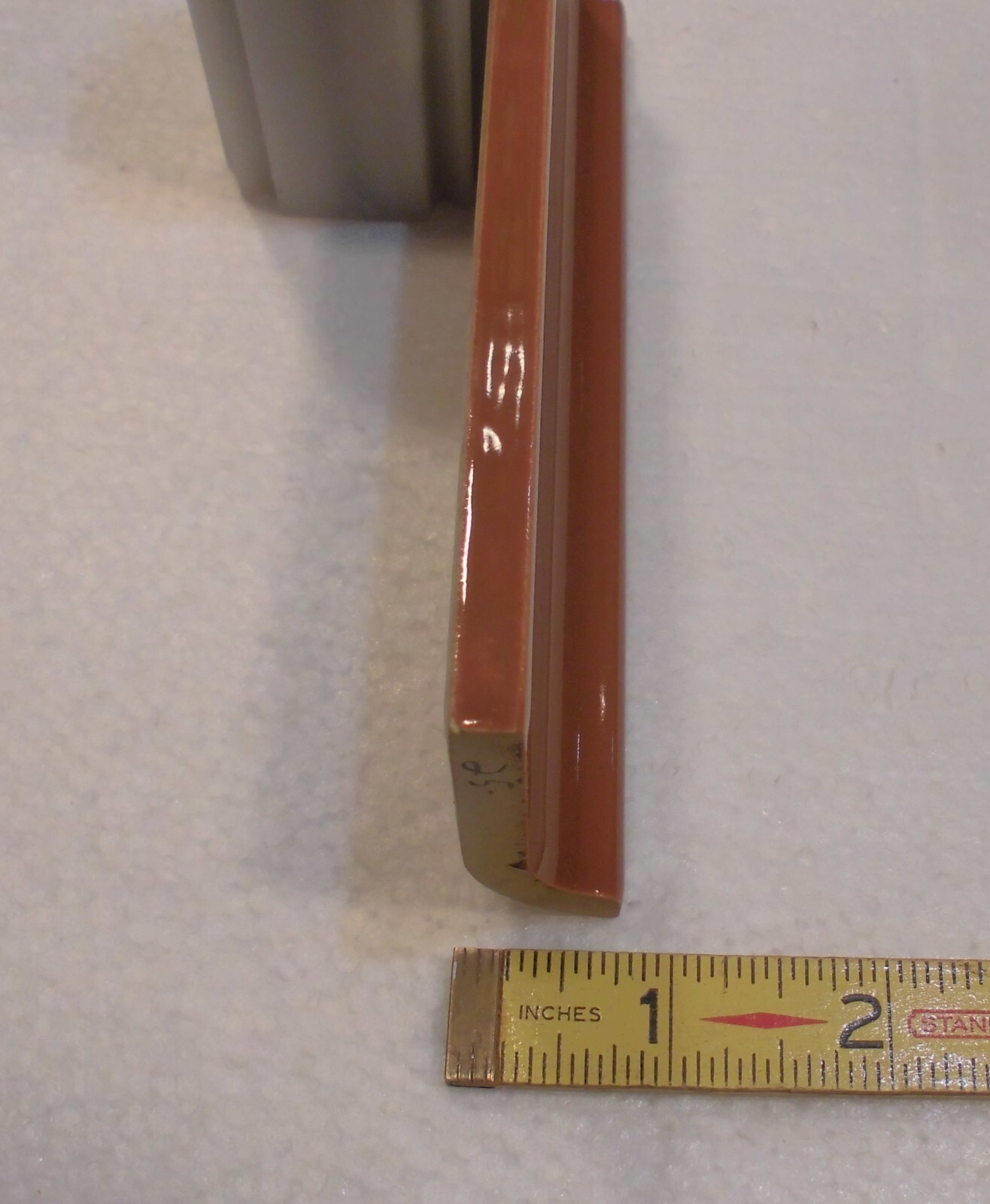 1 pc. Medium Brown: 2” X 6-1/8” Glossy Ceramic Cove Base Tile, Flat Top, NOS