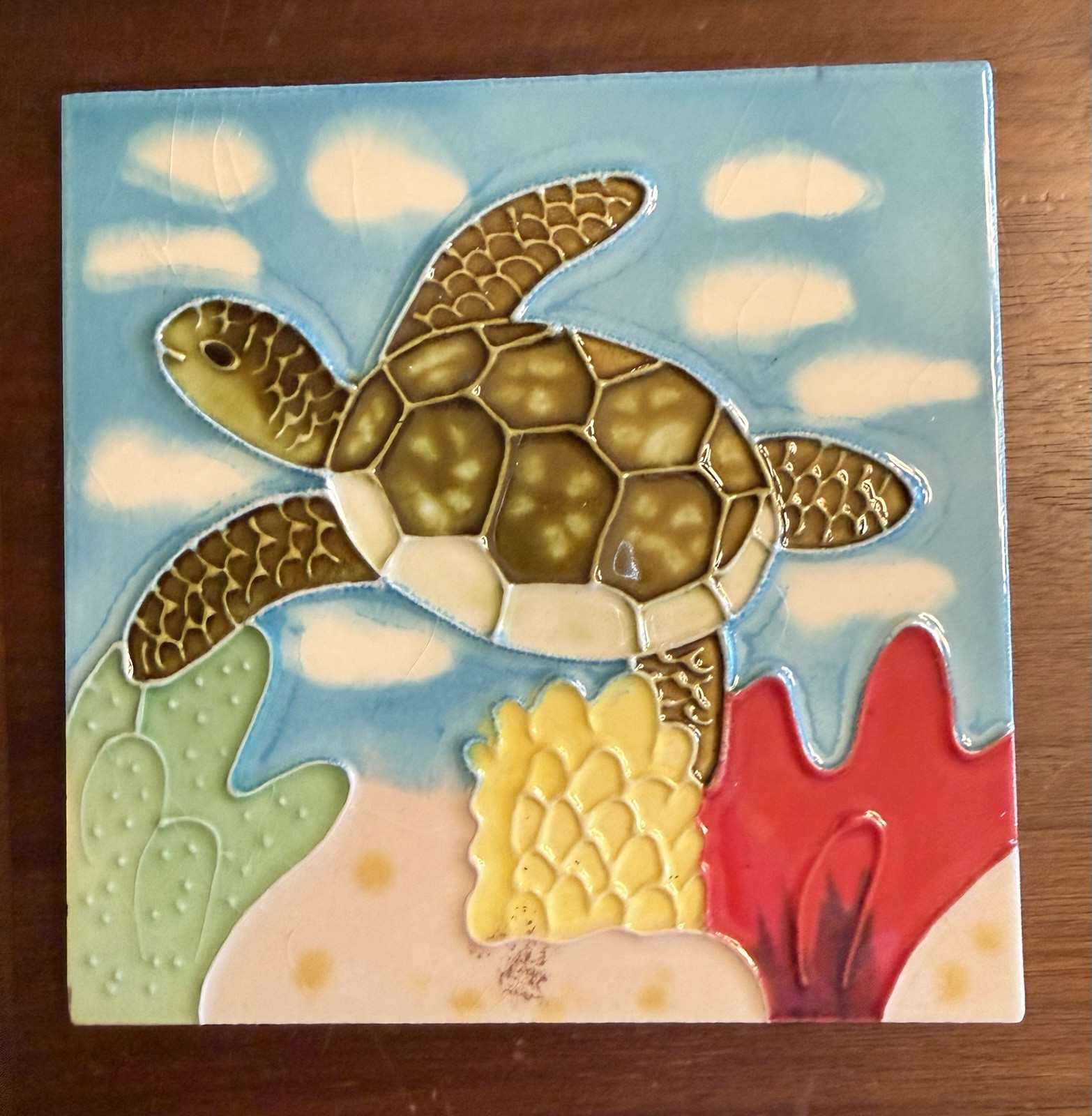 Sea Turtle Swimming in Coral Seaweed Coastal 6 X 6 Square Ceramic Tile Scene