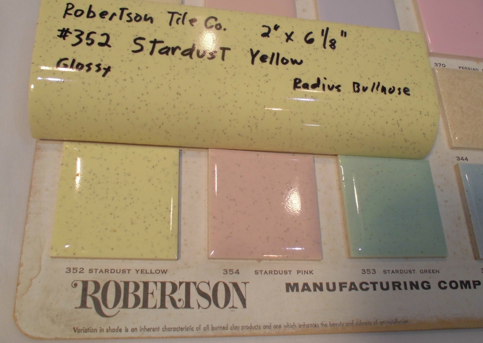 1 pc. *Stardust Yellow* Ceramic Tile; 2″ X 6-1/8″ Radius Bullnose; by Robertson