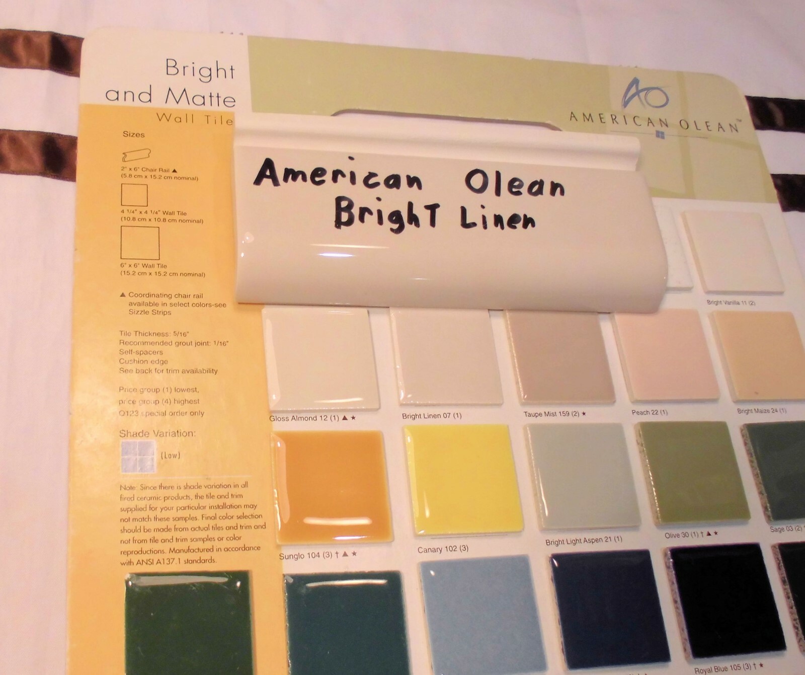 1 pc. *Bright Linen* Ceramic Radius Bullnose Tile by American Olean Co. NEW 6″